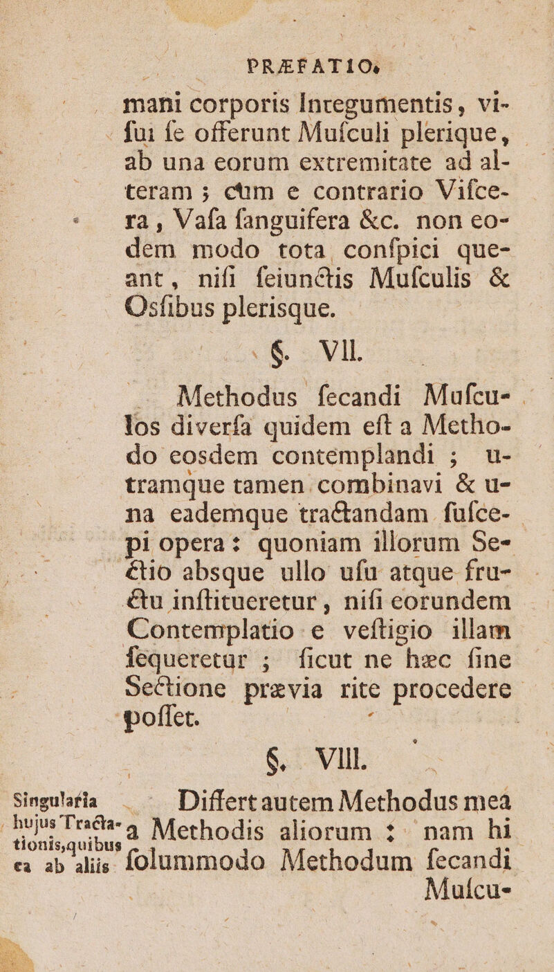 ues cs PROBSATIQE . mani corporis Inregumentis, vi- - fui fe offerunt Muículi plerique, | ab una eorum extremitate ad al- teram ; ctim e contrario Vifce- ra , Vafa fanguifera &amp;c. non eo- dem modo tota, confpici que- ant, nifi feiunctis Mufculis &amp; Osfibus plerisque. .$ VIL . Methodus fecandi Mufcu- . los diverfa quidem eft a Metho- do eosdem contemplandi ; u- tramque tamen combinavi &amp; u- na eademque traCtandam füíce- - pi opera: quoniam illorum Se- €tio absque ullo ufu atque fru- €tu inflitueretur, nifi eorundem Contemplatio e veftigio illam fequeretur ; ficut ne hec fine Secuone previa rite procedere poffet. | : | 6. VII. Singuhfia . ^ Differtautem Methodus mea PsTe8*3 Merhodis aliorum 2: nam hi ionis,quibus e ab aliis folummodo Methodum fecandi Muícu-