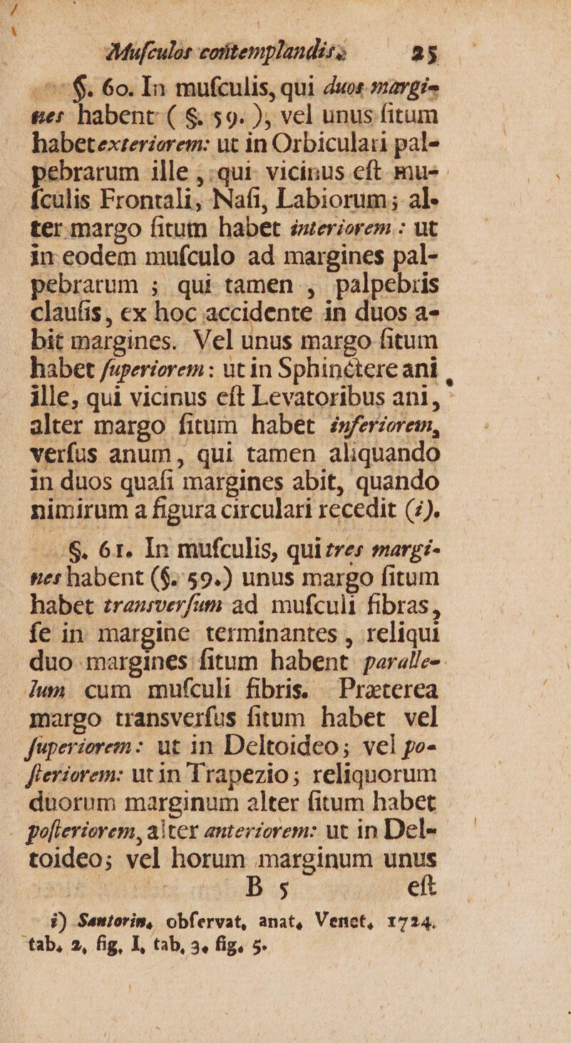 «57$. 6o. In mufculis, qui duos. 5nargi^ &amp;er habent: ( $. 59. ), vel unus fitum habetexterzerem: ut in Orbiculaui pal- pebrarum ille ,:qui- vicinus eft mus. fculis Frontali, Nafi, Labiorum; al- ter margo fitum habet izzerzorem : ut in eodem mufculo ad margines pal- pebrarum ; qui tamen , palpebris claufis, ex hoc accidente in duos a- bit margines. Vel unus margo fitum habet /uperiorem : ut in Sphinctereani , ille, qui vicinus eft Levatoribus ani, - alter margo fitum habet zwferzorem, verfus anum, qui tamen aliquando in duos quafi margines abit, quando nimirum a figura circulari recedit (7). -.&amp;. 61. In mufculis, quizrer margz- tet habent ($.59.) unus margo fitum habet zraurverfum ad. mufculi fibras, fe in margine terminantes , reliqui duo margines fitum habent. parallz- Jun cum mufculi fibris. |. Preterea margo transverfus fitum. habet vel fuperiorem: ut in Deltoideo; vel po- fieriorem: utin Trapezio; reliquorum duorum marginum alter fitum habet . golleriorem, ater anterzorem: ut in Del-- toideo; vel horum marginum unus auem qat Bs duret $) Semtorin, obfervat, anat, Venct, 1724. tab, 2, fig, I, tab, 3, fig, 5.