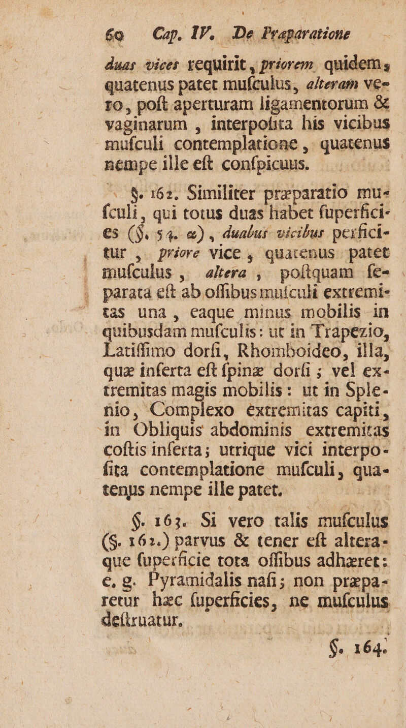 duas. vicet. xequitit , priorem. quidem ; quatenus patet mufculus, e/teram ves 10, poft aperturam ligamentorum &amp;- vaginarum , interpofira his vicibus - mufculi contemplatione ,. quatenus - n&amp;mpe ille eft confpicuus. ^8. 162. Similiter praeparatio mu« - fculi, qui totus duas habet fuperfici-- €5 (9. $4. e) , duabus. vicibur peifici- , tur, prie vice , quatenus patet mufculus ,' akera , poítquam fe- . parata eft ab offibusmuículi extremi- t3S una , eaque minus mobilis in . quibusdam mufculis: ut in Trapezio, Latiffimo dorfi, Rhomboideo, illa, qua inferta eft fpinzg dorf ; vel ex- tremitas magis mobilis: ut in Sple- nio, Complexo extremitas capiti, àn Obliquis abdominis extremitas coftis inferta; utrique vici interpo- fita contemplatione mufculi, qua- tenys nempe ille patet. een $163. Si vero talis mufculus (S. 162.) parvus &amp; tener eft alteza- que (uperficie tota offibus adhzret: c, g. Pyramidalis nafi; non prepa- retur hzc fuperficies, ne mufculus deítcuatur, LORS ROV s