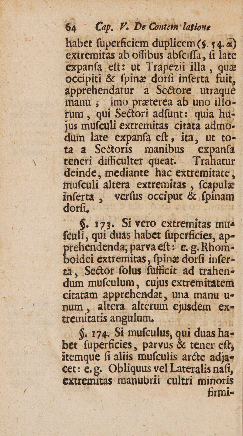 habet fuperficiem duplicem ($. «4. &amp;) extremitas ab offibus abfciffa, (i late expanfa.eft: ut Trapezii illa , quz occipiti &amp; (pine doríi inferta fuit, apprehendatur a Se&amp;ore utraque manu; imo praterea ab uno illo- rum , qui Sectori adfunt: quia hüu- jus mufculi extremitas citata admo- dum late expanfa eft, ita, ut to-- ta a Se&amp;coris manibus expanfa teneri difficulter queat. — Trahatur . deinde, mediante hac extremitate , inufculi altera extremitas , fcapulee inferta , verfus occiput &amp; fpinam — SQ 173. Si vero extremitas mue fculi, qui duas habet fuperficies, ap- rehendenda; parva eft: e, g. Rhom- oidei extremitas, (ping dorfi infér-- ta, Se&amp;or folus fufficit ad trahen- dum mufculum, cujus extremitatem citatam apprehendat, una manu u- num , altera. alterum ejusdem ex- tremitatis angulum, A A uad — 8$ 174. Si mufculus, qui duas ha- bet fuperficies, parvus &amp; tener eft; itemque fi aliis mufculis arcte adja- cet: e.g. Obliquus vel Lateralis nafi, extremitas manubrii cultri minoris firmi-