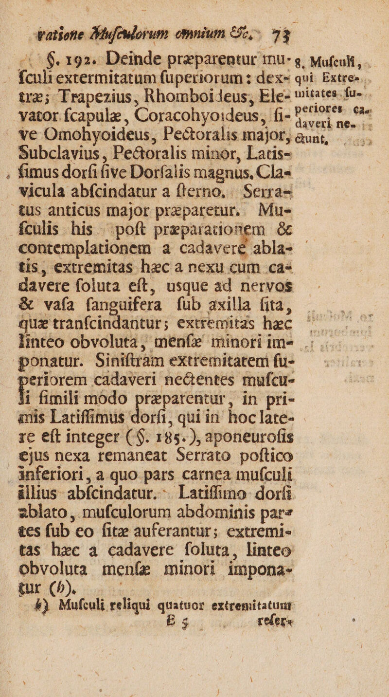 t NM ^. $. 192. Deinde preparentur mmu: s. Mufculi, fculiextermitatum fuperiorum ; dex- qvi: Extre-.. trz; Trapezius, Rhomboieus; Ele- witates-fu- . vator fcapule , Coracohyoideus, fi- F7 PEet. 60e ve Omohyoideus, Pectoralis major, aunt, |... Subclavius , Pectoralis minor, Latis- fimus dorfi (ive Dorfalis magnus, Cla« vicula abfcindatur a flerno, |. Serra- us anticus major preparetur. Mus fculis his. poft preparadionem &amp; contemplationem a cadavere abla- | tis, extremitas hec a nexu cum cae davere foluta eft, usque ad nervos &amp; vafa fanguifera füb axilla fita, que tranfcindantur; extremitas hec ^ — linteo obvoluta, menfe minoriim- .:. ponatur. Siniftràm extremitatem fu- eriorem cadaveri ne&amp;entes mufcu- i fimili modo praparentur, in pri- anis Latiffimus dori, quiin hoc late- re eft integer ( $. 185. ), aponeurofis cjus nexa remaneat Serrato poftico ànferiori, a.quo pars carnea mufculi áüllius- abfcindatur. ^. Latiffimo dori. ablato , mufculorum abdominis pare &amp;es fub eo fitze auferantur; extremi- tas hec a cadavere foluta, linteo obvoluta menfe minori impona- tur (^). &amp;) Mufculi reliqui quatuor extremitatuur. Es refers TI