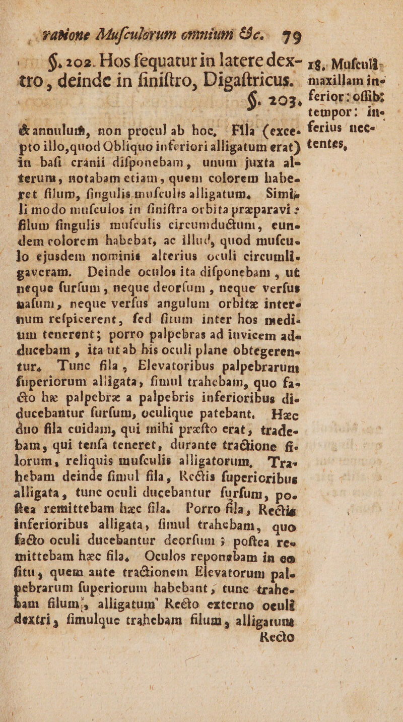 , vaNone Mufculorum omnium e... 49 (0 $202. Hos fequatur in latere dex- ig, Mofcutt- tro, deinde in finiftro, Digaftricus. | maxillam in» jede | $. 203, ferior: ofi; iss , pigwp e AN tempor: íti« &amp;annulur, non proculab hoc, Fila (exce. ferius nec- pio illo,quod Obliquo inferiori alligatum erat) tentes, in bafi cránii difponebam, unum juxta ale ferum , notabam etiam, quem colorem habe. — get filum, fingulis mufculis alligatum, | Simiz . li modo mufculos in finiftra orbita przparavi * filum fingulis mufculis circumductum, eun. dem colorem habebat, ac illut, quod mufcu. lo ejusdem nominis alterius oculi circumli- gaveram. Deinde oculos ita difponebam , ut neque (furfum , neque deorí(um , neque verfus &amp;afum, neque verfus angulum orbite intere num refpicerent, fed fitum inter hos medi- um tenerent; porro palpebras ad invicem ade » Sucebam , ita utab bis oculi plane obtegeren- tur, Tunc fila, Elevatoribus palpebrarum fuperiorum aliigata, fimul trahebam, quo fa- €&amp;o he palpebrz a palpebris inferioribus di- ducebantur furfum, oculique patebant. Hac no fila cuidam, qui mihi prxfto erat, trade- bam, qui tenfa teneret, durante tra&amp;ione fi. lorum, reliquis mufculis alligatorum, | Tra» hebam deinde fimul fila, Rcéis fuperioribus alligata, tunc oculi ducebantur. furfum, pos - fea remittebam hzc fila. Porro fila, Rectis inferioribus alligata, fimul trahebam, quo fa&amp;o oculi ducebantur deorfum 5. poftea re« mittebam hzc fila, Oculos reponsbam in eo. fitu, quem ante tradionem Elevatorum pal« cei gini fuperiorum habebant ; tunc trahe- bam filum; alligatum Recto externo oeuli dextri, fimulque trahebam filum, alligatuna | Recto.