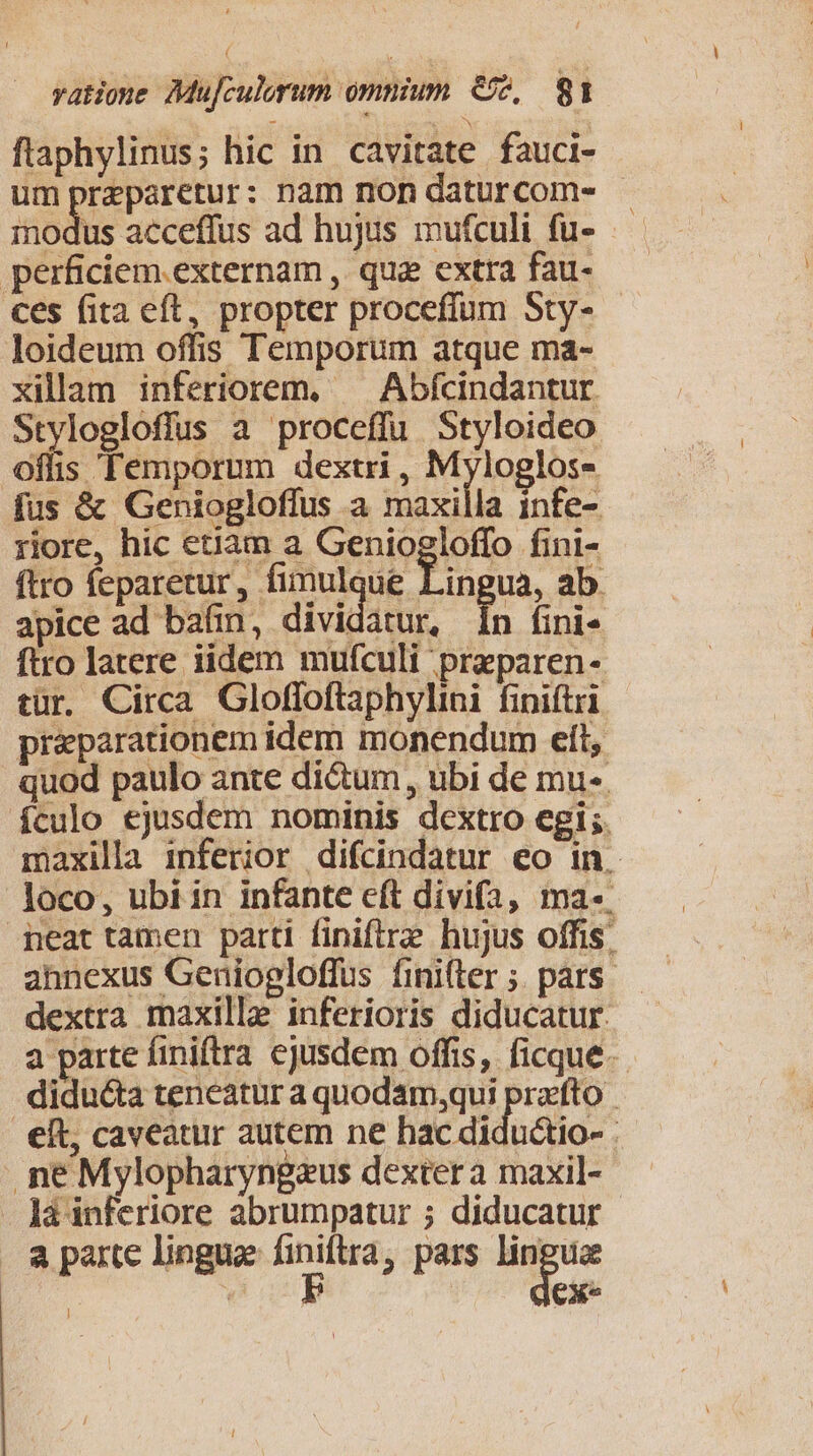 flaphylinus; hic in cavitate fauci- um praparetur: nam non daturcom- - Tiiodus aecefftis ad hujus mufculi fu- — perficiem externam , qua extra fau- ces fita eft, propter proceffum Sty- loideum offis Temporum atque ma- xillam inferiorem. — Abfcindantur Stylogloffus a proceffu Styloideo offis Temporum dextri, Myloglos- fus &amp; Geniogloffus a maxilla infe- riore, hic etiam a Geniogloffo fini- ftro feparetur, fimulque Lingua, ab. apice ad bain, dividatur, In fini- ftro latere iidem mufculi preparen- tür. Circa Gloffoftaphylini finiftri preparationem idem monendum elt, quod paulo ante dictum , ubi de mu-. ículo ejusdem nominis dextro egi; maxilla inferior difcindatur eo in. loco, ubiin infante cft divifa, ma-. great tamen parti finiftrz hujus offis ahnexus Geniogloffus finiftrer ;. pars dextra maxillae inferioris diducatur. a parte finiftra ejusdem offis, ficque. diducta teneatur a quodam,qui prafto €t, caveatur autem ne hac diductio- . .me Mylopharyngaus dextera maxil- Ja inferiore abrumpatur ; diducatur - | ex