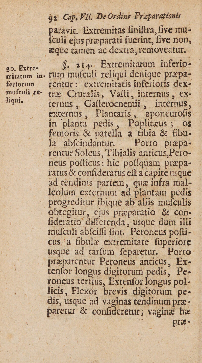 jz Cap. FIl. De Ordine Praparationie. paravit. Extremitas finiftra, five mu- fculi ejus preparati fuerint, five non, .&amp;que tamen ac dextra, removeatur. 30^ Bxitbe $. 214. Extremitatum inferio- mitatum in. fürn mnufculi reliqui denique prapa- feionun — rentur: extremitatis inferioris dex- mufeuli re- tre (ruralis, Vaíti, internus , ex. gina ternus , Gafterocnemii , internus, | externus , Plantaris, aponeurofis. jn planta pedis, Poplitzus; os femoris &amp; patella a tibia &amp; fibu- la abfcindantur. ^ Porro prapa- ; rentur Soleus, Tibialis anticus,Pcro- neus pofticus: hic poftquam prazpa- ratus &amp; confideratus eít a capiteusque ad tendinis partem, qua infra mal- leolum externum ad plantam pedis | ^ progreditur ibique ab aliis mufculis obtegitur, ejus praeparatio à con- - D fideratio dMferenda, usque dum illi - mufculi abfciffi (int. Peroneus pofti- | cus'a fibule extremitate fuperiore n usque ad tarfum feparetur. Porro preparentur Peroneus anticus, Ex- tenfor longus digitorum pedis, Pe- roneus tertius, Extenfor longus pol- . . ., lids, Flexor brevis digitorum pe- dis, usque ad vaginas tendinum prz- paretur &amp; confideretur; vagin he | . pro