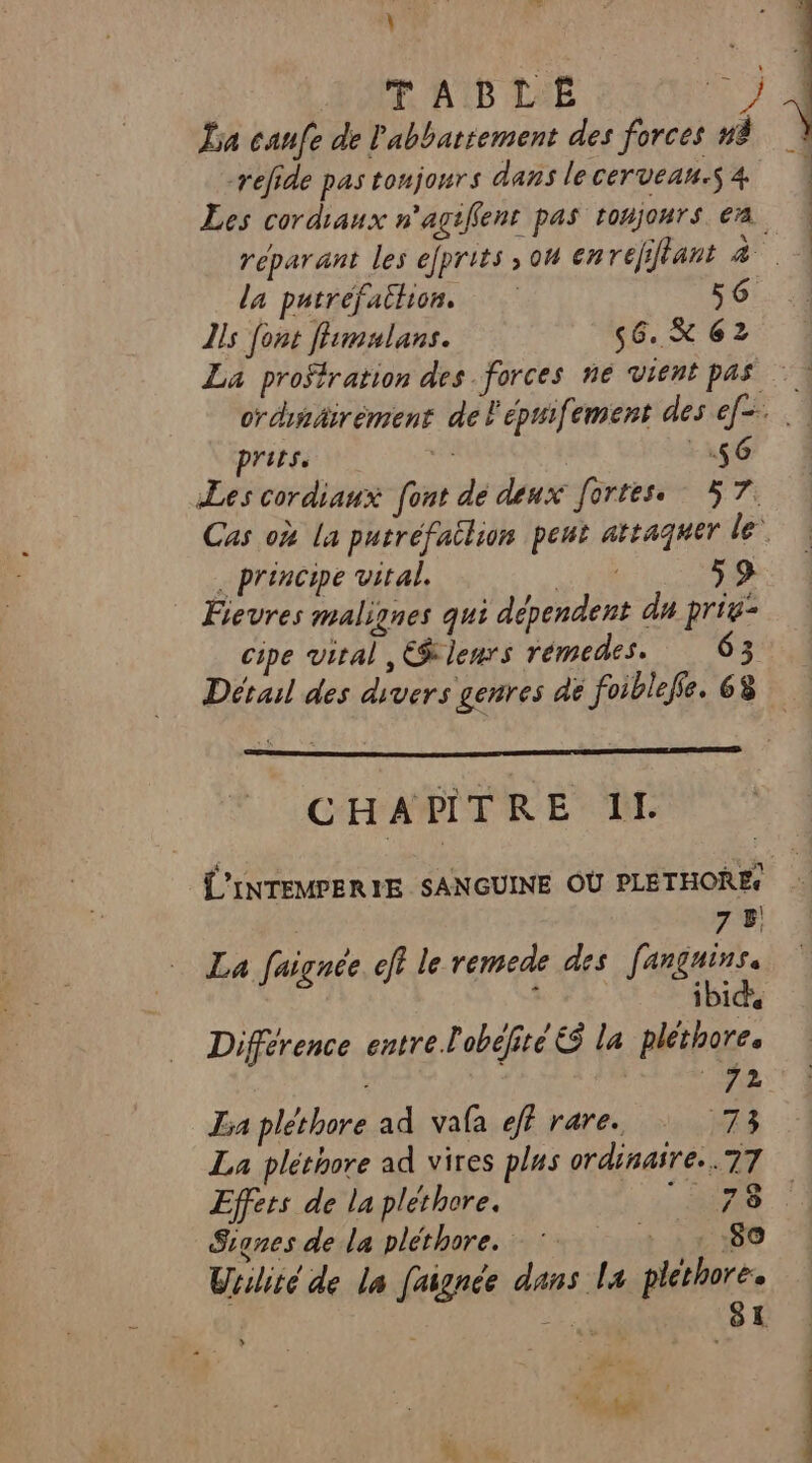 \ TABLE ne) La canfe de l'abbattement des forces nà -refide pas tonjours dans le CerveAU.S 4 Les cordiaux n'agiffens pas tonjours en réparant les efprits ; on enrefiftant 4. la putréfaihion. 56 Îls font flumulans. 56. K 62 crcnhirément de épuifement des ef=. prits. se 66 Les cordiaux [ont dé deux fortess 57. Cas où la putréfailion peut attaquer le . principe vital. LR | Fievres malignes qui dépendent du prie: cipe viral ,E$lenrs rémedes. 63 Détail des divers genres dé foiblefe. 68 CHAPITRE Il. L'INTEMPERIE SANGUINE OÙ PLETHORE: 78 La faignée eff le remede des fangnins. L ibids Différence entre l'obéfité 6 la pléthore, La pléthore ad vafa eff rare. 73 La pléthore ad vires plus ordinaire... 77 Effets de la pléthore. FR Signes de la pléthore. à 1 280 Urslité de la faignée dans la pléthore. | De 81 4 1 + r 2 ee k este