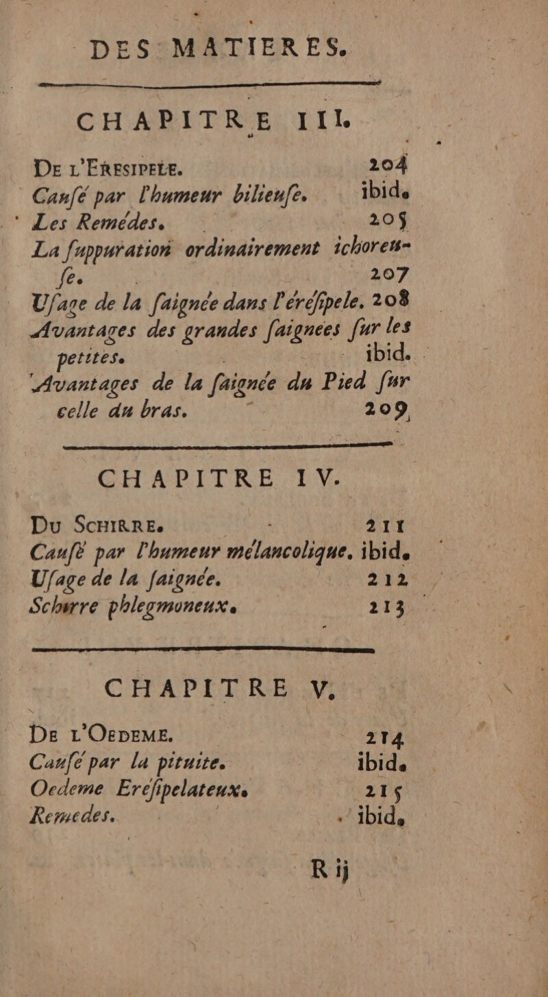 CHABITR EN LIL DE L'ERESIPELE. 204 Canfé par l'humeur bilienfe. ibide * Les Remédes, 420% La parie ordinairement ichoren- 207 Ufare de la faignée dans l éréf pele. 208 Avantages des Des faignées fur les petites. ibid. Avantages de la faignée dn Pied fur celle du bras. 209 CHAPITRE. LIV. Du ScHIRRE:. 211 Caufè par l'humeur Délanceliu ibid. Ufage de la faignée. 22 Schwrre phlegmonenx. 2130 CHAPITRE V. De L'OëDEME. 12T4 Caufé par la pituite. ibids Ocdeme Eréfipelateux. 215 Remedes. . ibid, Ri