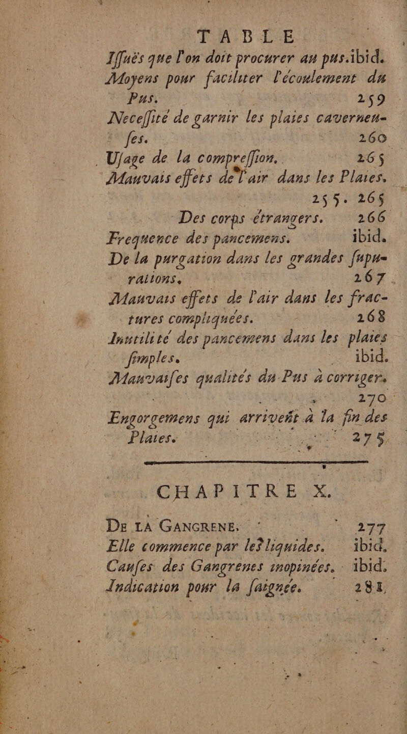 Iffuës que l'on doit procurer an pus.ibid. Moyens pour faciliter l'écoulement du Pas. | | 2$9 INecellité de garnir les plaies caverneu- | fes. | | ‘260 . Ujage de la compreffion. NE AU Mauvais effets deT air dans les Plaies. FA BREL 2 46 EE Des corps étrangers. 266 Frequence des pancemens. ibid. De la purgation dans les grandes [npu= TALONS, LOT | Mauvais effets de l'air dans les frac- tures compliquées. | 168 Zustilité des pancemens dans les plaies fimples. | … ibid. Mauvailes qualités du Pus à corriger. » | : 270 Engorgemens qui arriveñt à la fin des Plates. 27 5. CHAPITRE X. De LA GANGRENE, or 277 Elle commence par lefliquides. ibid. Caufes des Gangrenes inopinées. : ibid, Indication pour la faignée. ‘ 284, « +