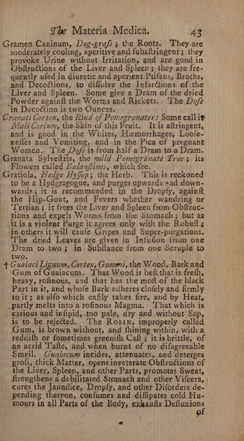 Gramen Caninum, Dog-grafs; the Roots. They are moderately cooling, aperitive and fubaftringent ; they provoke Urine without Irritation, and are good in Obfiructions of the Liver and Spleen; they are fre- quently ufed in diuretic and aperient Pufans, Broths, and. Decoftions, to diffolve the Infarctions of the Liver and Spleen. Some give a Dram of the dried Powder againft the Worms and Rickets.. The Dofe in Decoétion is two Ounces. Cranati Cortex, the Rind of Pomegranates : Some callit Mali Gorium, the Skin of this Fruit. Itis aftringent, and is good in the Whites, Hamorrhages, Loofe- nefles and Vomiting, and in the Pica of pregnant Women.. The Dofe is from halfa Dram toa Dram. Granata Sylveftris, the wi/d Pomegranaté Tree 3 its Flowers called Balauffines, which fee. Gratiola, Hedge Hyfop; the Herb. ‘This is reckoned to be a Hydgragogue, and purges upwards ead down- wards; it is recommended in the Dropfy, againit the Hip-Gout, and Fevers whether. wandring or ‘Tertian ; it frees the Liver and Spleen from Obftruc- tions and expels Worms from the Stomach; but as it is a violent Purge it agrees only with the Robufts in others it will caufe Gripes and Super-purgations. The dried Leaves are given in Infufion from one Dram to two; in Subflance from one Scruple to two. + Guaiaci Liguum, Cortex, Gumi, the Wood, Bark and Gum of Guaiacum. That Wood is be&amp;that is freth, heavy, rofinous, and that has the moft of the black Part in it, and whofe Bark adheres clofely and firmly toit; asalfo which cafily takes fire, and by Heat, _partly melts into a rofinous Magma. That which is : carious and infipid,.too pale, dry and without Sap, is to be rejected. The Rosin, improperly called Gum, is brown without, and fhining within, witha reddifh or fometimes greenifh Caft ; itis brittle, of an acrid Tafte, and when burnt of no difagreeable Smell. Guaiacum incides, attenuates, and deterges grofs, thick Matter, opens inveterate Obftruétions of the Liver, Spleen, and ather Parts, promotes Sweat, cures the Jaundice, Dropfy, and other Diforders de- pending thereon, confumes and diflipates cold Hu- moyrs in all Parts of the Body, exkanits ican Q