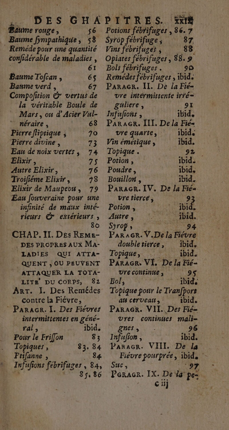 Baume rouge, 56 Reméde pour une quantité confi dérable de maladies , 6I Baume Tofcan , 6$ Baume verd , 67 Compofition & vertus de la véritable Boule de Mars, ou d’ Acier Vul- néraire À 63 Pierrefliprique ÿ 70 Pierre divine , 72 Eau de noix vertes 74 Elixir , 75 Autre Elixir, 76 Troifiéme Elixir , 78 Elixir de Maupeou, 79 Eau fouveraine pour une infinité de maux inté- rieurs C7 extérieurs ; 80 CHAP. II. Des REMeE- |, DES PROPRES AUX Ma- LADIES QUI ATTA- QUENT ; OU PEUVENT ATTAQUER LA TOTA- LITE DU CORPS, 82 Art. I. Des Remédes contre la Fiévre, ® Paracr. I. Des Fiévres intermittentes en géné- TÉRAL ibid, Pour le Friflon 83 Topiques , 83. 84 Ftifanne , 84 Infufi ons tk : Ne 85,8 Potions fébrifuges , 86.7 Syrop fébrifuge ; 87 Vins fébrifuget ; 88 Opiates fébrifuges, 88.9 Bols fébrifuges . 90 Remédes fébrifuges , ibid. PArAGR. II. De la Fié= Vre intérmittente irfé— guliere , 9Z Infufions , ibid. ParaGr. III. De la Fié= vre quaïte, ibid. Vin émétique , ibid. Topique . 92 Potion , ibid. Poudre, ibid, Bouillon , ibid. Paracr. IV. De lé Fée. vre tierce; US à é, Potion , ibid. Autre , ibid. Sÿr0p » 94 Paracr. V.De la Fiévre doubletierce, ibid, Topique; ibid. Paracr, VI, De la Fié- Vrecontinne, _ 9S Bol, ibid. Topique pour le Tranfport au cerveau, ibid. ParaGr. VII. Des Fié= UVres continues mali gnes,s 96 Infufion , ibid. Paracr. VIII. De la Fiévre pourprée, ibid, Suc, 97 Péracr. IX. De da pe= ci