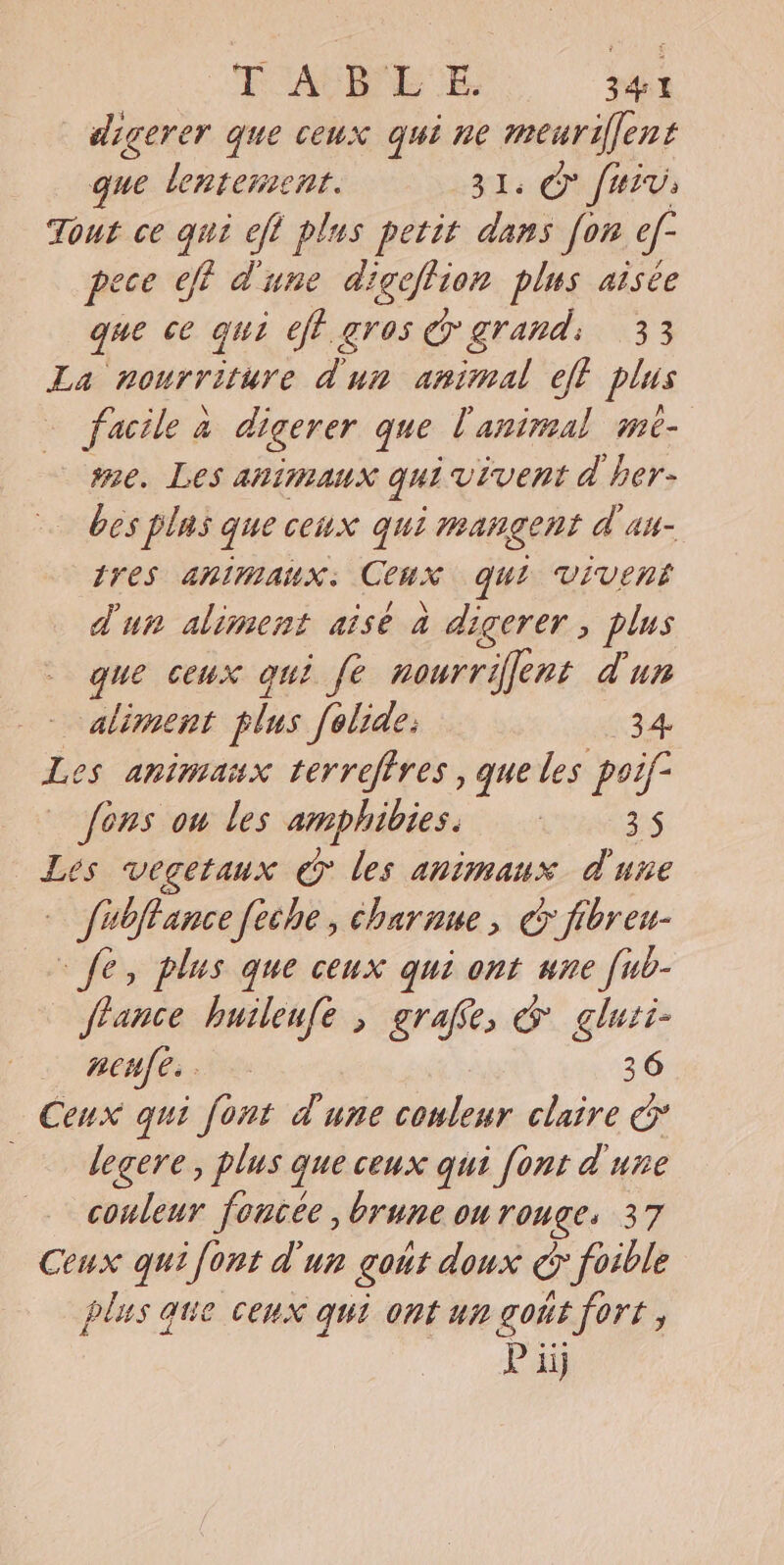 digerer que ceux qui ne meuriffent que lentement. 31: © [uv Tout ce qui eft plus petit dans [on ef- pece eff d'une digeftion plus aisée be ce qui oft arose grand: 33 La nourriture dun animal eft plus facile à digerer que l'animal me- se. Les animaux qui vivent d her- bes plas que ceux qui mangent d'an- tres animaux: Ceux qui wivent d'un aliment aisé a digerer ; plus que ceux qui fe nourrifent dun aliment plus folide: 34. Les animasx terrefires , que les poif: fons ou les amphibies. 3 $ Les vegetaux &amp; les animaux dune fublance feche, charane , € fibreu- fe, plus que ceux qui ont une [ub- france huilenfe , grafe, &amp; gluti- nenfe à = 3 6 Ceux qui font d'une couleur claire &amp; | degere, plus que ceux qui [ont d une couleur foncée , brune ou rouge: 37 Ceux qui font d un gout doux o foible plus que ceux qui ont un gout fort, Pi