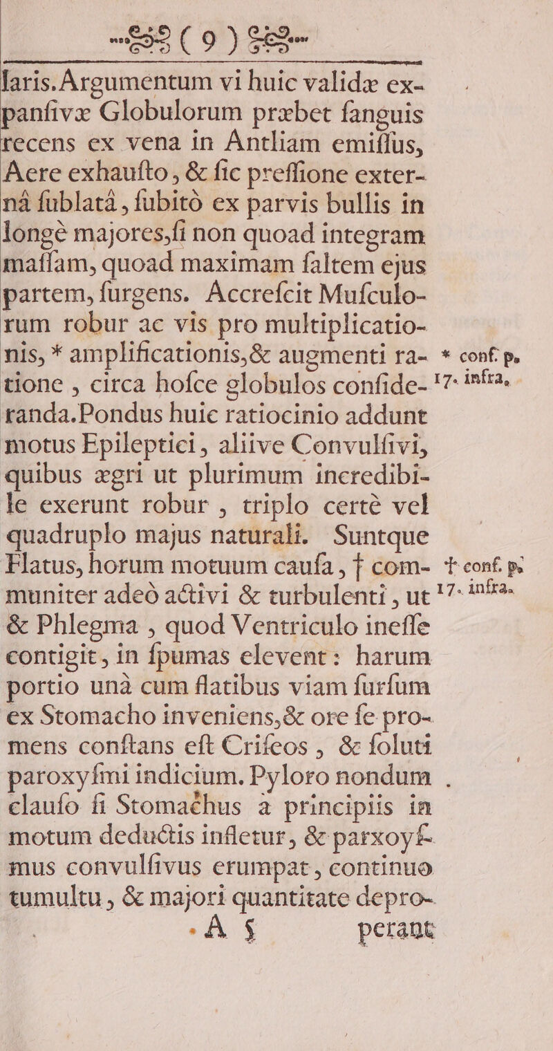 laris. Argumentum vi huic validz ex- panfivz Globulorum prxbet fanguis recens ex vena in Ántliam emiffus, Aere exhaufto , &amp; fic preffione exter- nà fublatà , fubitó ex parvis bullis in longé majores,fi non quoad integram maflam, quoad maximam faltem ejus partem, furgens. Accrefcit Mufculo- rum robur ac vis pro multiplicatio- nis, * amplificationis,&amp; augmenti ra- tione , circa hofce globulos confide- randa.Pondus huic ratiocinio addunt motus Epileptici , aliive Convulfivi, quibus zgri ut plurimum incredibi- le exerunt robur , triplo certe vel quadruplo majus naturali. Suntque Flatus, horum motuum caufa , f com- muniter adeo activi &amp; turbulent , ut &amp; Phlegma , quod Ventriculo ineffe contigit, in fpumas celevent: harum portio unà cum flatibus viam furfum mens conftans eft Crifeos , &amp; foluti À * . A ET dne claufo fi Stomachus a principiis in mus convulfivus erumpat, continuo AS perant * conf. p, 17. infra, T conf. p. 17. iníra.