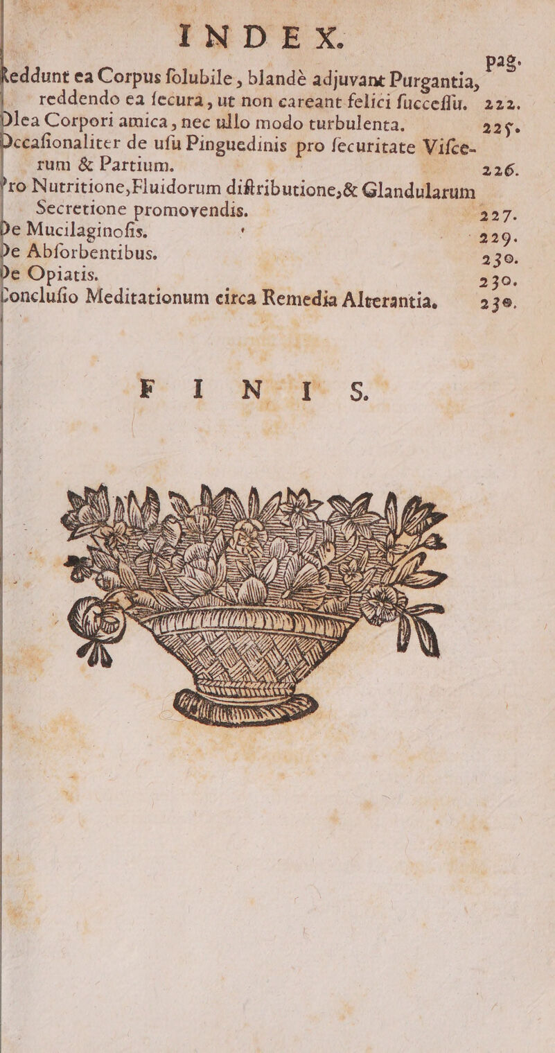 E INDE *X.  eddunt ea Corpus folubile , blande adjuvant Purgantia, — reddendo ea fecura , ut non careant felici fücceffu. 222. lea Corpori amica , nec ullo modo turbulenta. 225. ccafionaliter de ufu Pinguedinis pro fecuritate Vifce- rum &amp; Partium. Qa 326. ro Nutritione;Fluidorum diftributione;&amp; Glandularum Secretione promovendis. | a7. e Mucilaginofis. 2 D € Abforbentibus. 239. € Opiatis. 230. onclufio Meditationum circa Remedia Alterantia, 239. ead Y x is ET EN LIU LL y A ei LM -  -: ml x NS » ET X AS A. S P SNANN i mA ^ | [ped ME, L5. Ud Me Eb CEIIS ; EJ