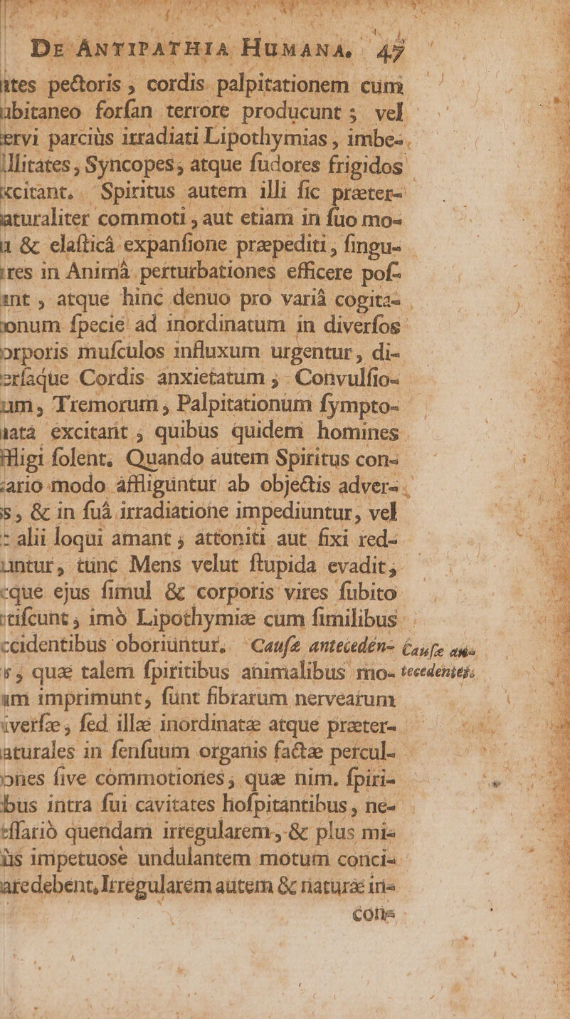 LT 73 1505. D Ai n dd Puy. Le «ON WC P PE COR Spe Rotd d uS uc pur 24 WA UVEENM od AE ET RES SN adm MUT Me à m $ n1 * r ros NN à  | Dr ANTIPATHIA RSS ad AUS 5 ites pectoris ; E cordis. palpitationem. cum übitaneo forfan terrore producunt 5. vel - eryi parcius irradiati Lipothymias , EN 0 s 3 lHitates, Syncopes; atque fudores frigidos 1 Xcitant, Spiritus. autem Alli fic pretep —— T aturaliter commoti , aut etiam in fuo mo- 1 &amp; elaíticá- expanfione preepediti , fingu- ires in Animá. perturbationes efficere pof- int , atque hinc denuo pro variá cogita- . [ num fpecie: ád inordinatum in diverfos. E Psporis mufcülos influxum urgentur , di- 2rlaqdue Cordis. anxietatum ; . Convulfio- um; Tiemorum; Palpitationum Íympto- | |atá excitarit quibus quidem homines . ligi folent, Quando autem Spiritus con- iario-modo áffliguntur ab obje&amp;is adver- , 5, &amp; in fuá irradiatione mpediuntur, vel j alii loqui amant ; attoniti aut fixi red- untur, tünc Mens velut ftupida. evadit. cque ejus fi mul &amp; corporis vires fubito ;tifcunt ; imó Lipothymiz cum fimilibus. ceidentibus: oboriüntur, ^ Caufz. antecedén- bulo alin. 5, quee talem fpiritibus animalibus mo- vectdenieg, umi 1mprimunt,; funt fibrarum nervearum  iverfze , fed ill inordinate atque preter-—— aturales in fenfuum organis fa&amp;ze percul- — 12 ones five commotiories ; quae nim. fpiri- : e bus intra fui cavitates hofpitantibus , ne- effarió quendam irtegülarem.,.&amp; plus mis is impetuose undulantem motum conci siedebenn liregalarem autem &amp; riaturáé iris Cofis