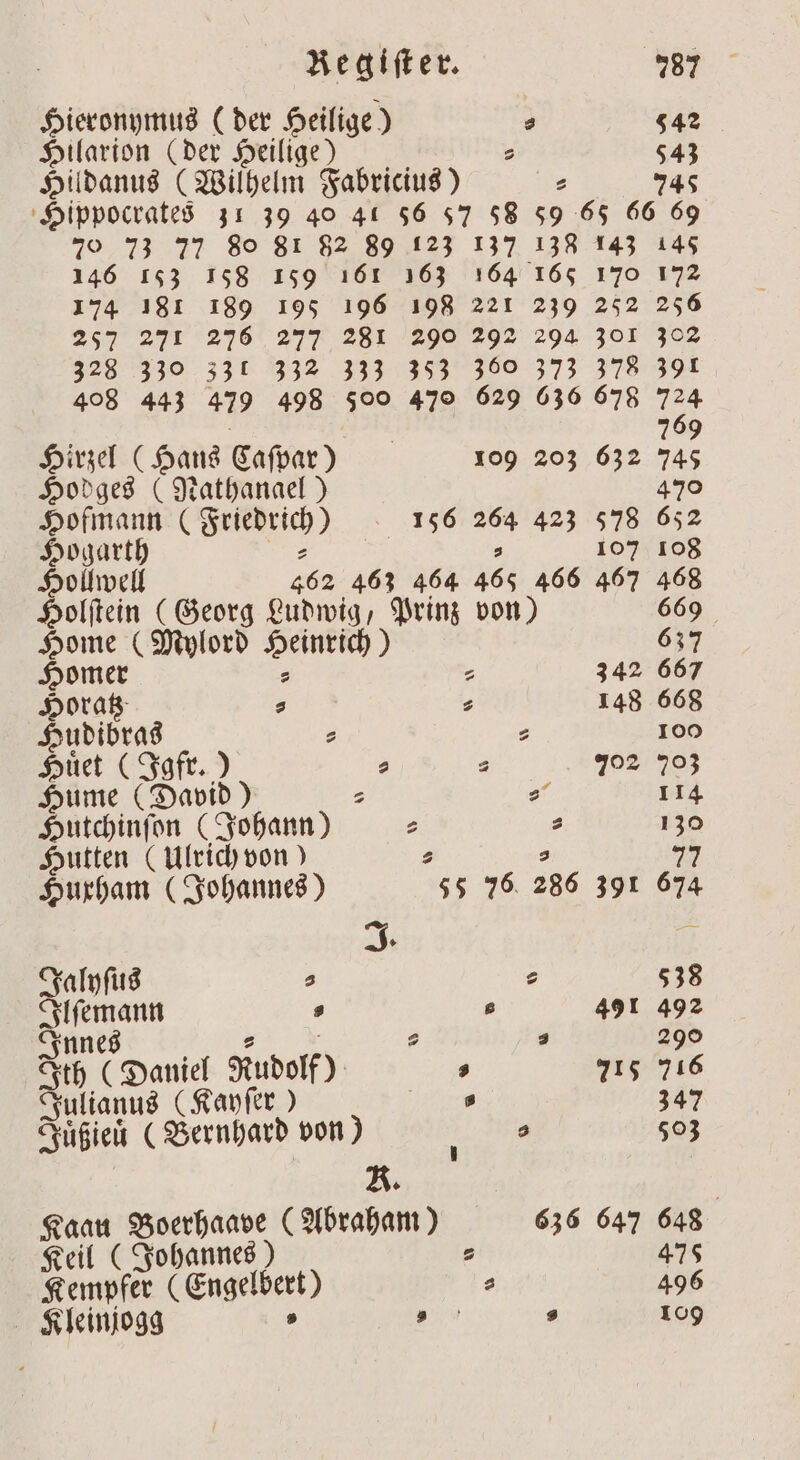 Hieronymus (der Heilige) a 542 Htlarion (der Heilige) 5 543 Hildanus (Wilhelm Fabricius) je 745 Hippocrates 31 39 40 41 56 57 58 59 65 66 69 70 73 77 80 81 82 89 123 137 138 143 145 146 153 158 159 161 163 164 165 170 172 174 181 189 195 196 198 221 239 252 256 257 271 276 277 281 290 292 294 301 302 328 330 331 332 333 353 360 373 378 391 408 443 479 498 500 470 629 636 678 724 | | 769 Hirzel (Hans Caſpar) 109 203 632 745 Hodges (Nathanael) 47⁰ Hofmann (Friedrich) 156 264 423 578 652 Hogarth ö s 107 108 Hollwell 462 463 464 465 466 467 468 Holſtein (Georg Ludwig, Prinz von) 669 Home (Mylord Heinrich) 637 Homer . - 342 667 Horatz: ⸗ ⸗ 148 668 Hudibras 2 7 100 Huͤet (Igfr.) s a 702 703 Hume (David) 5 „ 114 Hutchinſon (Johann) 2 s 130 Hutten (Ulrich von) s a 77 Huxham (Johannes) 55 76 286 391 674 J. ö Jalyſus 2 538 Ilſemann 5 6 491 492 Innes z s 4 290 Ith (Daniel Rudolf) D 715 716 Julianus (Kayſer) rg 347 Juͤßieuͤ (Bernhard von) 1 503 K. | Kaau Boerhaave (Abraham) 636 647 648 Keil (Johannes) s 475 Kempfer (Engelbert) s 496 Kleinjogg 5 wi 9 109