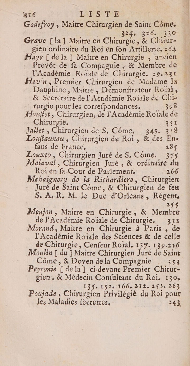 Godefroy , Maître Chirurgien de Saint Côme, | 324 326. 330 Grave [la] Maître en Chirurgie, &amp; Chirur- gien ordinaire du Roï en fon Ârtillerie. 264 Faye [ de la ] Maïtre en Chirurgie , ancien Prevôt de fa Compagnie ,; &amp; Membre de PAcadémie Roïale de Chirurgie. 29.231 Hevin , Premier Chirurgien de Madame la Dauphine , Maitre , Démonftrateur Roïai, &amp; Secretaire de l'Académie Roïale de Chi- rurgie pour les correfpondances. 398 Fouftet , Chirurpien, de l Académie Roïale de Chirurgie. 351 Jallet , Chirurgien de S, Côme. 349. 358 Louflaunau , Chirurgien du Roi , &amp; des En- fans de France, 185 Louxto, Chirurgien Juré de S. Côme. 375 Malaval , Chirurgien Juré , &amp; ordinaire du Roi en fa Cour de Parlement. 266 Mehaignery de la Richardiere, Chirurgien Juré de Saint Côme, &amp; Chirurgien de feu Se AR, M. le Duc d'Orleans, Régent, 255 Menjon , Maître en Chirurgie, &amp; Membre de l’Académie Roïale de Chirurgie. 332 Morand, Maitre en Chirurgie à Paris , de l'Académie Roïale des Sciences &amp; de celle de Chirurgie, Cenfeur Roïal, 137. 139.256 Moulin [ du ] Maitre Chirurgien Juré de Saint Côme , &amp; Doyen de la Compagnie 353 Peyronie [ de la ] ci-devant Premier Chirur- gien ,; &amp; Médecin Confultant du Roi. 130, 135, 152e 166212, 252, 283 Poujade , Chirurgien Privilégié du Roi pour les Maladies fecrettes. 243