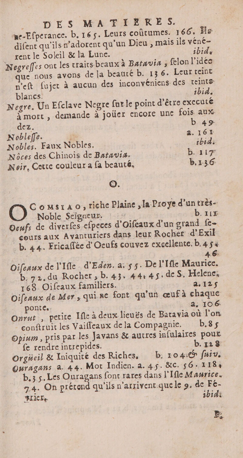__ DES MATIERES. me-Efperance. b. 165. Leurs coûtumes. 166. Ïls difenc qu'ils n’adorent qu'un Dieu , mais ils vene- _ gent le Soleil &amp; la Lune. | ibida Negreffes ont les craitsbeaux à Bafavia ; felon l'idée que nous avons de la beauté b. 136. Leurteint n'eft fujer à aucun des inconvéniens des teints blancs. ibid. Negre. Un Efclave Negre far le point d'être execute à mort , demande à joüer encore une fois aux dez. b 49 Nobleffe. ; a. 1617 Nobles. Faux Nobles. 1bids Nôces des Chinois de Batauia. b. 117 Noir, Cexte couleur a fa beauté. b.136: ©. O Conmsra0, riche Plaine ,la Proye d'un très- Noble Seigneur. HS b. 11 Oeufs de diverfes efpeces d'Oifeaux d’un grand fe- cours aux Avanturiers dans Îeut Rocher d'Exil b. 44. Fricaffée d'Ocufs couvez excellente. b.4$à Oifeaux de l'Ifle- d'Egen. a, $s. De l'Ifle Maurice. b;72.du Rocher; b.43. 44.45.deS, Helene; 168 Oifeaux familiers. a.12$ Oifeaux de Mer ; qui RE font qu'un œufà chaque ponte. a. 106: Onrut , petite Ifle à deux lieuës de Batavia où l'on | eonftruit les Vailleaux dela Compagnie. b.8$ Opium , pris par les Javans &amp; autres infulaires pour fe rendre intrepides. b. 128 Orgäeil &amp; Iniquité des Richess b. 10 at fuiv. Ouragans a. 44. Mot Indien. à. 45. &amp;c. 56:1184 b.3 5. Les Ouragans font rares dans l'Ifle Maurice. 74. On prétend qu'ils n'arrivent que le 9, de Fé- fricte. ibidi B.