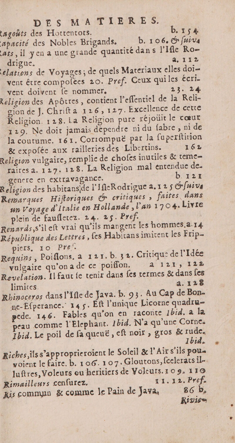 agouts des Hottentots. b.154 apacité des Nobles Brigands. b. 106, &amp; fuiva ats il yen a une grande quantité dans l'Ifle Ro drigue. a, 112 elations de Voyages ; de quels Materiaux elles doi vent être compolées 20. Pref. Ceux quiles écri- vent doivent {e nommer, 23. 24 Religion des Apôrres , contient l’effentiel de la Reli- gion de J. Chrifta 126,127. Excellence de cette Religion. 128.{a Religion pure réjotit le cœur 129. Ne doit jamais dépendre ni du fabre , ni de la coutume. 161. Corrompuë par la fuperftition &amp; expofée aux raïlleries des Libertins. 162 Religion vulgaire, remplie de chofes inutiles 8 teme- raies a. 127.128. La Religion mal entendue de- genere en extravagance. b. 121 Religion des habitanside l'IfkRodrigue 2.12 $ G/uive Remarques Hifloriques dr critiques » faites, dans nn Voyage à Italie en Hollande , l'an 1704. Livre plein de faufletez. 24. 2$. Pref. Renards,s'ileft vrai qu'ils mangent Îles hommes.2.14 République des Lettres, {es Habitans imicent les Frip- pleïrs. 10 Pre”. Requins , Poiflons. a 121. b. 32. Critique de l'Idée vulgaire qu'ona de ce poiffon. A 121, 122 Revelation. 11 faut {e tenir dans fes termes &amp; dans fes limites. a. 128 Rhinoceros dans l'Ifle de Java. b. 93. Âu Cap de Bon. me-Efperance. 314$. Eft l'unique Licorne quadru- pede. 146. Fables qu’on en raconte Jbid. à la eau comme l'Elephant. 1bid. N'a qu'une Corne. Ibid. Le poil de fa queuë, eft noir , gros &amp; ass | 1bid, Riches ils s’approprieroïent le Soleil &amp; l’Aix s'ils pou« voient le faire. b. 106.107: Gloutons, fcelerats il- Juftres, Voleurs eu heritiers de Volcurs.109. 119 Rimailleurs cenfurez, 11.312. Pref. Ais commun &amp; comme Je Pain de Java, 86 b, Kivis=