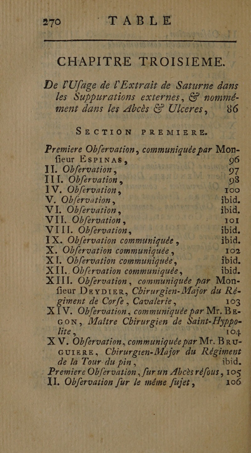 0 TABL E CHAPITRE TROISIEME. De lUfage de l'Extrair de Saturne dans les Suppurations externes, € nommé- nent dans les Abcès &amp; Ulceres, 86 : SECTION PREMIERE. Premiere Obfervation, communiquée par Mon- fieur Espinas, 96 II. Obfervation, 07 III. Obférvation, 08 IV. Ob/érvation, * 100 V. Ob/fervation, ibid. VI. Obférvarion, ibid. VIT. Obfervation, HETOI VIII. Obfervation, ibid. TX. Ob/ervation communiquée, ibid. X. Obfervation communiquée, 102 XI. Obfervation communiquée, ibid. XII. Ob/ervation communiquée, - ibid. XIII. Obfervation, communiquée par Mon- fieur Deyprer, Chirurgien- Major du Ré- giment de Corfe , Cavalerte, 103 XIV. Obfervation, communiquée par Nr. Be- GON, Maître Chirurgien de Saint-Hÿppo- ME 10. X V. Obfervation, communiquée par Mr. Bru- GUIERE, Chirurgien-Major du Régiment de la Tour du pin, + ibid. 4 : Premiere Obfèrvation, furun Abcès réfous, 105 : 1I. Obfervation [ur le même [ujer, 106 :