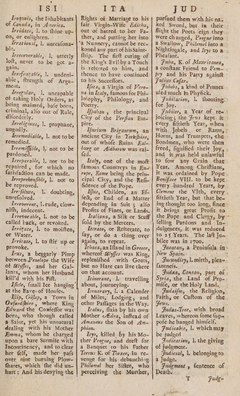 Ist Troquois, the Inhabitants of Canada, in Anericas ‘ Irridare, 1. to thine up- on, or enlighten. waiggegec 1. unreafona- Ivrecoverable,- 1. utterly loft, never to be got a- gain. Trrefracable, 1. undeni- able , ftrength of Argu- ‘ment. Zrregular, 1. uncapable of taking Holy Orders, as being maimed, bafe born, criminal, alfo out of Rule, diforderly. ungodly. Trremediable, 1. not to be remedied. Trremiffible, 1, not to be pardoned. Tepaired , for which no fatisfa@ion can be made. Trreprehenfible, 1. not to be reproved. Trrcfolute, 1. unrefolved. Irreverent, \.rude, clow- nifh, indecent. doubting, called back, or revoked. Irrigate, 1. to moiften, or Water. Irritate, \, to ftir up or provoke, : Irus, a beggarly Pimp between Penelope the Wife of Hlyffes, and her Gal- lants, whom her Husband kill’d with his Fift. at the Eaves of Houfes. Ilip, Gifltp, a Town in Oxford{bire, where King Edward the Coafeffor was bern, who though called a Saint, yet his unnatural dealing with his Mother Emma, whom he charged upon a bare Surmife with Incontinency, and to clear her felf,’) made her’ pafs. over nine burning Plow- fhares, which fhe did un- ITA Rights of Marriage to his: fair Virgin-Wite Edirha, out of hatred to her Fa- ther, and putting her into *a Nunnery, cannot be rec- koned any part of his Saint- fhip.. The firft curing of the King’s Evil by a Touch is referred to him, and thence to have continued to his Succeffors. Tfota, a Virgin of Vero. na in Izaly, famous for Phi- lofophy, Philology, and Poetry. [fpahan » the principal City of the Perfian Ein- pire. Tfurium Bricantum, an ancient City in Yorkjbire, out of whofe Ruins ‘Eal-. burg or Aldborow was rai- fed. famous Countreys in Eu repe, Rome being the prin- cipal City, and the Refi- fidence of the Pope. Ifue, Childen, an Ef- e&amp;, or End of a Matter depending in Suit ; alfo Profits of Fines, or Lands. Italiana, a Silk or. Stuff fold by the Mercers, Iterate, or Reiterate, to fay, or do a thing over again, to repeat. Ithaca, an Ifland in Greece, whereof Ulyffes was King, replenifhed with Goats, but no Hare can live there on that account. Itinerant, 1. travelling about, journeying. Itenarary, \..a Calender of Miles, Lodging, and other Paflages in the Way. Tralus, flain by his own Mother e#dra, inftead of Amaneus the Son of Am- phion. Trys, killed by his Mo- ther Progne; and dreft for a Banquet to his Father Tereus K. of Thrace, in re-- venge for his debauching Philomel her Sifter, who perceiving the Murther, JuD purfued them with his naz ked Sword, but in theic - flight the Poets ‘eign they were. changed, Progne into a Swallow, Philomel into a Nightingale, and Irys toa . Pheafant. Fuba, K.of Maur itanea, a conftant Friend to Pom. , pey and his Party again{t Fultus Cafar. Fubebs, a kind of Prunes ufed'much in Phyfick, Fubilation, 1. shouting: for. Joy. Fubtlee, a Year of ree ‘ joicing ; the Jews kept) it every, fiftieth Year, when . With. Jobels or Rams, © Horns, and Trumpets, the Bondmen,.who were then freed, fignified: their Joy, to fow any Grain thag’ Year... Among -Chriftians, it was ordained by Pope , Boniface VIII. to be kepe every -hundred Years, by | Clement the Vith, every , fiftieth’ Year, but that. be= ing thought too long, fince - it brings great Profit to the Pope: and Clergy, by « felling Pardons and In-. dulgences, it was reduced ~ to 25 Years. The laft Ju. bilee was in 1700. Fucatany a Peninfula in» New Spain. ak \pafcott Fucundicy, 1. mirth, plea. fantnefs..’ ; Fudaa, Canaan, part 06 ; Syria, the Land of Pro. mife, or the Holy Land... » Fudaifn, che Religion, Faith, or Cuftom of the Fews. Fudas-Tree, with broad Leaves, whereon fome {ups pofe he hanged himfelf. Fudicable, 1. whichmay be judged ) Fudicarion, 1. the giving of judgment. _ Judicial, \. belonging to ajudge Fudgment , fentence of Death. |. boat i Fudga