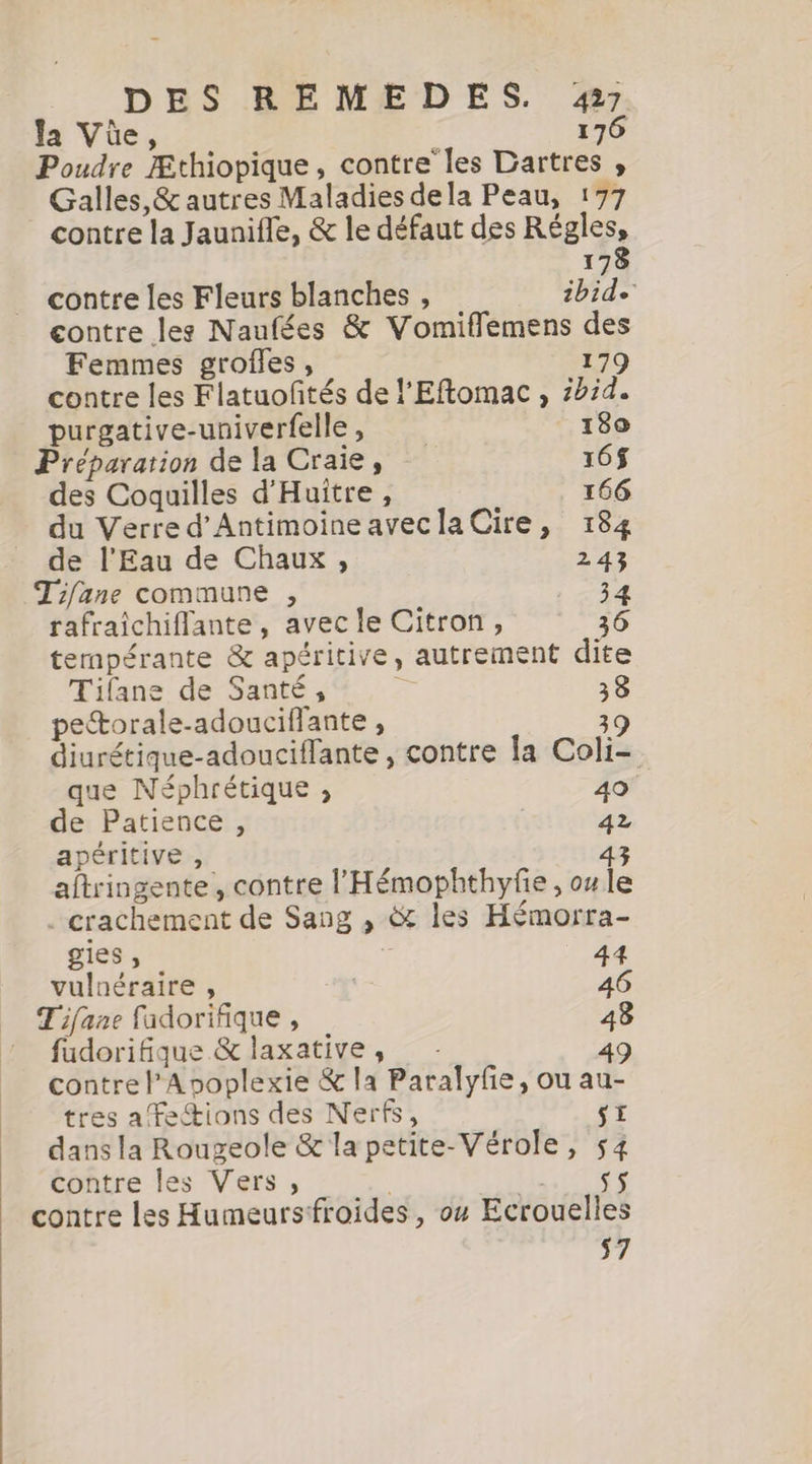 la Vüe, 176 Poudre Æthiopique, contre les Dartres , Galles,&amp; autres Maladies dela Peau, 177 contre la Jaunifle, &amp; le défaut des Régles, 178 contre les Fleurs blanches , ibid. contre les Naufées &amp; Vomiflemens des Femmes groffes , 179 contre les Flatuofités de l’Eftomac , ibid. purgative-univerfelle , 180 Préparation de la Craie, 16$ des Coquilles d'Huitre, 166 du Verre d’AntimoineaveclaCire, 184 de l'Eau de Chaux, 243 Tifane commune , 34 rafraichiflante, avec le Citron, 36 tempérante &amp; apéritive, autrement dite Tifane de Santé, 7 38 petorale-adouciffante , 39 diurétique-adouciffante , contre la Coli- que Néphrétique , 40 de Patience, 42 apéritive ; 43 aftringente, contre l'Hémophthyfe , ou le . crachement de Sang , &amp; les Hémorra- gies, 44 vulnéraire , A 46 = Tifane fadorifique , 48 fudorifique &amp; laxative , 49 contre PApoplexie &amp; la Paralyfe, ou au- tres afe&amp;tions des Nerfs, SI dans la Rougeole &amp; la petite-Vérole, 54 Épitre los Vers, 0. PERAN contre les Humeursfroides, ou Ecrouelles 57