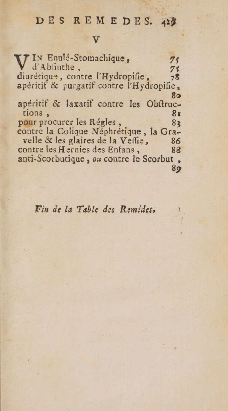 ž IN Enulé-Stomachique , 7$ d’Abfnthe, 7s diurétiqua, contre l’Hydropifie, 78 apéritif &amp; purgatif contre PHydropifie, 8a apéritif &amp; laxatif contre les Obftruc- tions , 8r pour procurer les Régles , 83 contre la Colique Néphrétique , la Gra- velle &amp; les glaires de la Vefe, 86 contre les Hernies des Enfans, 88 anti-Scorbutique , oz contre le Scorbut , 89 Fin de la Table des Remédess }