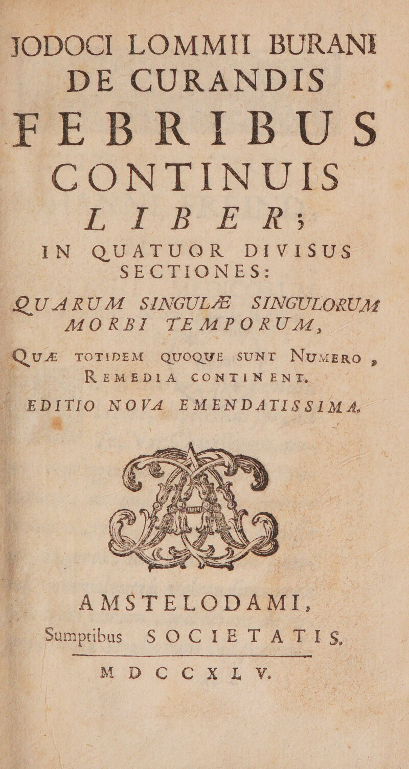 JODOCI LOMMII BURANI DE CURANDIS TEBRIBUS CC CON TINT ALS E foBOEBURG IN QUATUOR DIVISUS SECTIONES: QUARUM SINGULZE | SINGULORUAM MORBI TEMPORUAM, Bv TOT!IDEM QUuOQUE SUNT NuwrmRO, REZMEDIA CONTINENT. | 4^ EDITIO NOVA EMENDATISSIMA, AMSTELODAMI, sumpibus SOCIETA T ES, M DCCXL V
