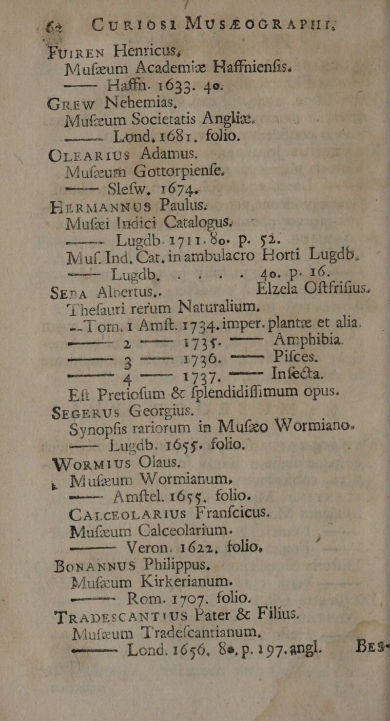 l (£&amp; Cuonros1 Mus£oGRAPII, Fvinzx Henricus; Mufzum Academiz Haffnienfis, Haffn. 1633. 4o. Gnrw lNehemias, — Mufeum Societatis Anglize. ——- Lond, 1681. folio. OrrARrUs Ádamus. Mufeum Gottorpienfe, ———7:'Slefw.' 1674. HrznMANNUS Paulus. Mufei lidici Catalogus. ——— Lugdb.1711.8e. p. 52... Muf. Ind. Cat, inambulacro Horti Lugdb, — Lugda, 40 4 4e ps6. SErA Albertus.. Elzela Oftfritius, j'hefauti rerum Naturalium, | - Tora. 1 Amft. 1734. imper. plantze et alia. ——— 3c 3173$. —— Amphibia. ' g 72317306. ——— Pifces. à Infecta. Eft Pretiofum &amp; fplendidiffimum opus. SsecERUs Georgius. Synopfis rariorum in Mufzo Wormiano. —— Lusgdb. 1655. folio. WozMius Olaus. | &amp; Mufzum Wormianum, Amftel. 1655. folio. CArcEOLARIUS Franfcicus. Mufzxum Calceolarium. Veron. 1622, folio, Bosaxwvus Philippus. Mufzum Kirkerianum. —— Rom. 1707. folio. TRADESCANT!US Pater &amp; Filius. Aufzum Tradeícantianum, TESTA A p (