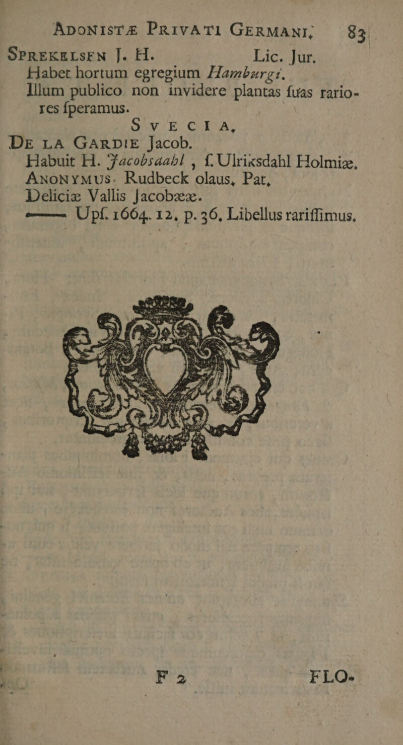 SPREKELsEN J. H. Lic. Jur. Habet hortum egregium Zamebzrz:. lllum publico non invidere plantas fuas rario- rcs fperamus. | Sv'ECGCJIA, DEe rA GARDIE Jacob. Habuit H. 724cobsaabl , f. Ulrixsdahl Holmiz. AxoNYMUSs. Rudbeck olaus, Pat, Deliciz Vallis Jacobzez. — Upf. 1664. 12, p. 36, Libellus rariffimus. 1 F2 FLO-
