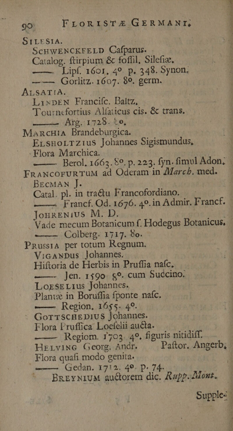 Sr LES1A. ! ScHWENCKFELD Cafparus. Catalog. ftirpium &amp; foffil, Silefiz, Lipf. 1601, 49. p. 348. Synon. — — Gorlitz. 1607. 89. germ. ALSAT!A. LiwpEN Francifc. Daltz, Tou:nefortius Alfaticus cis. &amp; trans. Aig. 1729. te, MancHiA Brandeburgica. ErsHoLTZzius Johannes Sigismundus, Flora Marchica. FRANcOrFURTUM ad Oderam in ZMarch. med. BECMAN J. | Catal. pl. in tra&amp;u Francofordiano. - P rmn JosnENivs M. D. Colberg. 1717. 9o. PnussrA per totum Regnum. VicANDus Johannes. Hiftoria de Herbis in Pruffia naíc. ——- jen. 1590. $9. cum Succino. LozrsELius Johannes. Planizx in Boruffia fponte naíc. —— Region, 1655. 49. - Gor TSCHEDIUS Johannes. Flora l'ruffica: Locíelii aucta. Regiom. 1703. 49. figuris nitidiff. . Flora quafi modo genita. Gedan. 1712. 49. p. 74. | BREYNIUM auctorem dic. Rapp. Mos. E 