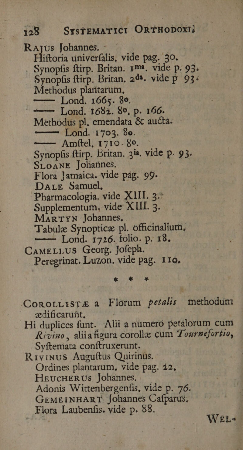 Raros Johannes. - iftoria univerfalis, vide pag. 30. - Synopfis ftirp. Britan. 1a. vide p. 93. Synopfis ftirp. Britan. 202. vide p 93: Methodus platitarum, Lond. 1665. 8o. eie: Lond. 1682. 89, p. 166. Methodus pl. emendata & aucta. Lond. 1703. 8o. - Amftel, 1710. 8o. Synopfis ftirp. Britan. 3ia. vide p. 93. SLoaNE Johannes. / Flora Jamaica. vide pág. 99. Dare Samuel, Pharmacologia. vide X1II. 3.* Supplementum. vide XII. 3. MaRnTYN Johannes, Tabule Synoptice pl. officinalium, Lond. 1726. folio. p. 18. CAMELLUS Georg. Jofeph. Peregrinat. Luzon. vide pag. 1ro, * tL n (CogorLrsTE a Flotum petaelis methodum zedificaruft, Hi duplices funt. Alii a numero petálorum cum Rivino , aliiafizura corolle cum Zogrneforéso, Syftemata conftruxerunt. — Riviuvs Auguftus Quirinüs. Ordines plantarum, vide pag. 22. H&gvcHERUSs Johannes. — Adonis Wittenbergenfis, vide p. 76. GEMEINHART. Johannes Caíparus, Flora Laubenfis. vide p. 98. : WEL-
