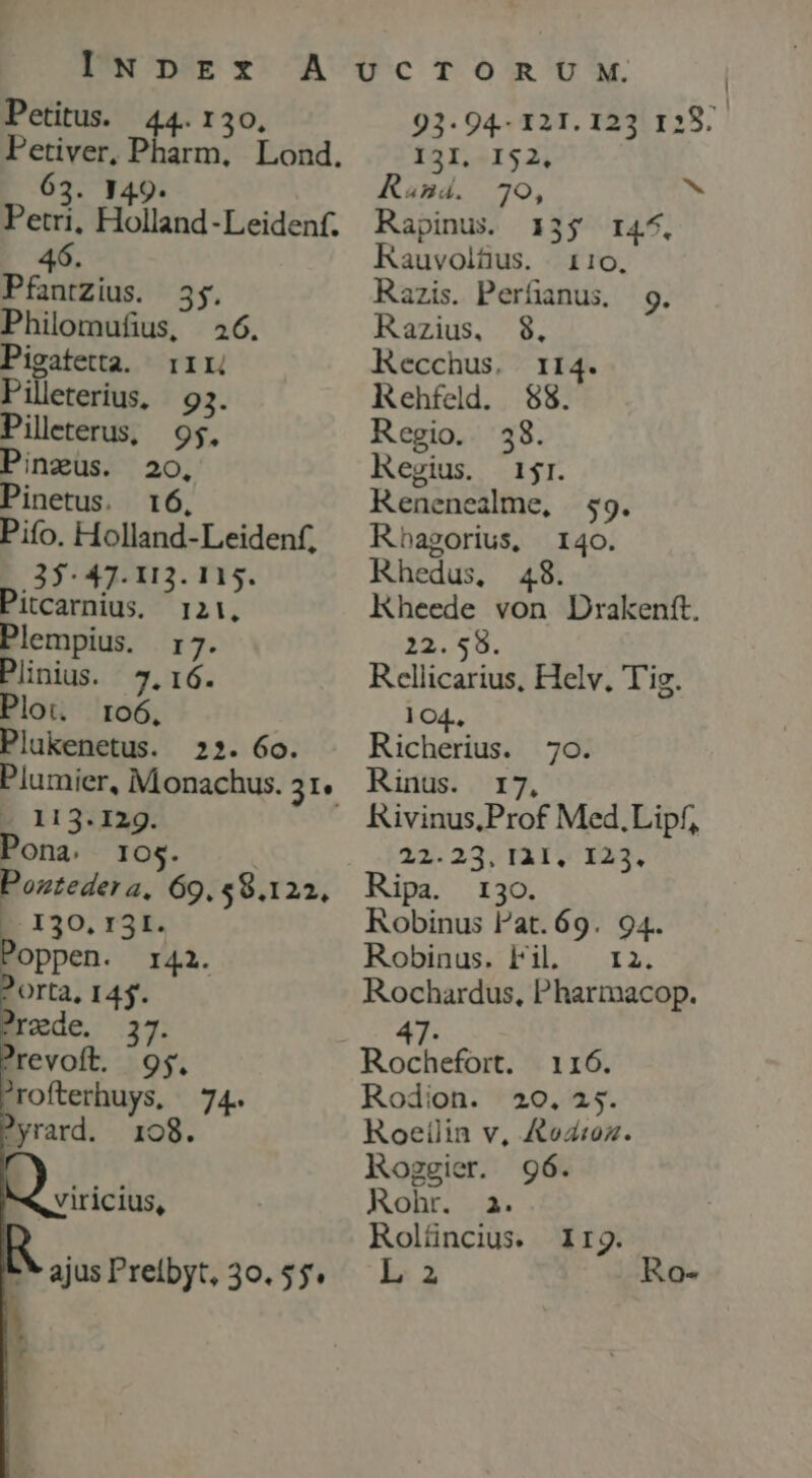 Petitus. . 120, Petiver, Bio: Lond. 63. Y49. Petri, Holland-Leidenf. 46. Pfantzius. Philomufius, Pigatetta. i11 Pilleterius, | 93. Pileterus, 95, Pinzüs. 20, Pinetus. 16, Pifo. Holland-Leidenf, 3$: 47. 113. 115. Pitcarnius. 121, Plempius. r7. Plinius. 7. 16. Plot. ro6, Plukenetus. 35. 26. 22. 60. 113.129. ona. IO$. | Pontedera, 69. 58.122, L- 130, II. ajus Preibyt, 30.5 f. 93-94.. 121. 123 I29.- I31,4152, 4Hd. 79, b. Rapinus 13$ 144, Rauvoltus. | 110, Razis. Perfianus. 9. Razius. 8. Kecchus. r14. RKehfeld. $88. Regio. 38. Bond esr Renenealme, $9. Khagorius, 140. Rhedus, 48. Kheede von Drakenít. 22.59. Rellicarius, Helv. Tig. 104., Richerius. 70. Rinus. 17, Rivinus,Prof Med,L ipf, 22. 23, TÀT 1-323; Ripa. 1:30. Robinus Pat. 69. 94. Robinus. Fil. 12. Rochardus, Pharmacop. 4T. Rochefort. 116. Rodion. 20.25. Roetlin v, &amp;od:0z. Moggier. 96. Rohr. a. Rolíáncius. is.3 IIg. Ro-