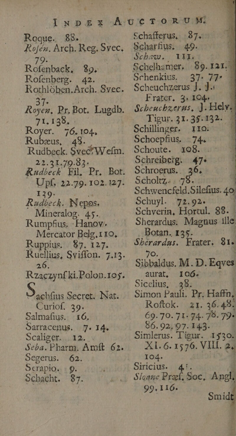 Roque. $88. Rof[én. Arch. Reg. cup: 79- Rofenback, 89, KRofenberg. 42. Rothlóben. Arch. Svec. 71:139, Royer. de 104., Rubzus, Rudbeck. Sec Wefm. 21.51.79.83* Rudi Fil Pr. 19. r Radbeck. Nepos. Mineralog. 45. Rumph£us. -Hanov. Mercator Belg. 110, Ruppius | 87. 127. - achfius Secret. Nat. Curiof. 39. Salmafuus. 16. Sarracenus. | 7. 14. Scaliger. .. 12. Seba. Pharm. Amft 62. Segerus. 62. Scrapio. 9. Schacht. 87. Schafferus, 37. Scharfius, 49. Sebaw. 111A. E. Schelhzmer. 89.121. — Schenkius. 37. 77* |] Scheuchzerus J. Jo. ^ Frater, 3. 104-  Schbeuchbzerns, ). Helys Tigur. 31. 3$.132. | Schilinger. 11ro. Schoepfius. |. 74. Schoute. 108. .- Schreiberg. 47* Schroerus.. 36, Scholtz. . 7$. | Schwencfeld.Silefius. io Schuyl. 72.92. Schverin, Hortul. 88. | Sherardus. Magnus iie Botan. 135. Mind Frater. m Sibbaldus. M.D. zn aurat, 106. Sicelius, 38. Simon Pauli. Pr. Haffn; Roftok. zr. 36.48. 69. 70. 71. 74. 79. 79* 86.92,97.143. Simlerus. T'igur. 1330. XI.6. 1576. NM. 2. 104. Siricius. 4. ó/oaze Praef, Soc, Angl, ie . 116. à sia
