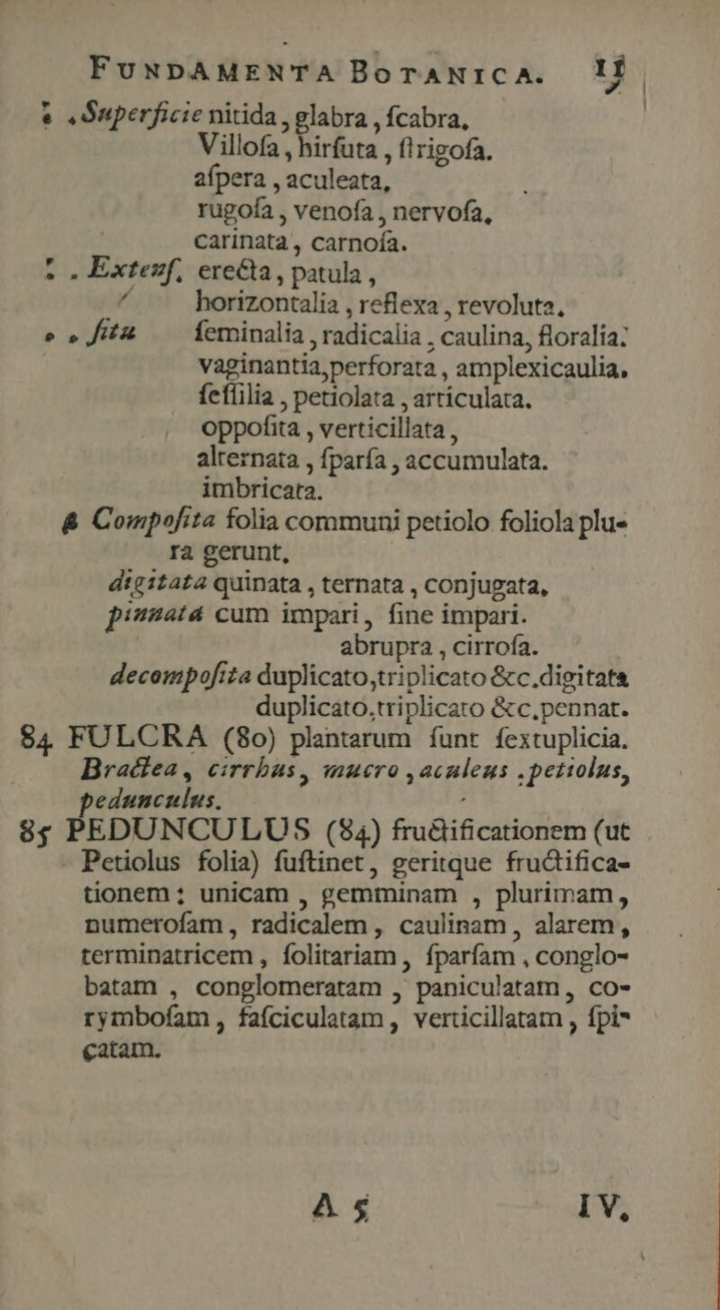 «Superficie nitida , glabra , fcabra, | Villofa , hirfuta , f!rigofa. afpera , aculeata, rugofa , venofa , nervofa, carinata , carnofía. .oExtesf, ere&amp;a, patula, M horizontalia , reflexa , revoluta, e» fita ^ feminalia radicalia , caulina, floralia: vaginantia,perforata , amplexicaulia, fefíilia , petiolata , articulata. oppofita , verticillata , alternata , fparía , accumulata. imbricata. &amp; Compofita folia communi petiolo foliola plu« ra gerunt, digitata quinata , ternata , conjugata, piusatá cum impari, fine impari. abrupra , cirrofa. | decompofita duplicato,triplicato &amp;c.digitata duplicato.triplicato &amp;c,pennat. $4 FULCRA (80) plantarum funt fextuplicia. Braciea, cirrbus, mucro ,aculeus .petiolas, edunculus. 8$ PEDUNCULUS (84) fructificationem (ut Petiolus folia) fuftinet, geritque fru&amp;ifica- tionem ; unicam , gemminam , plurimam, numerofam, radicalem , caulinam , alarem, terminatricem , folitariam, fparfam , conglo- batam , conglomeratam , paniculatam, co- rymbofam , fafciculatam , verticillatam , fpi* catam. o