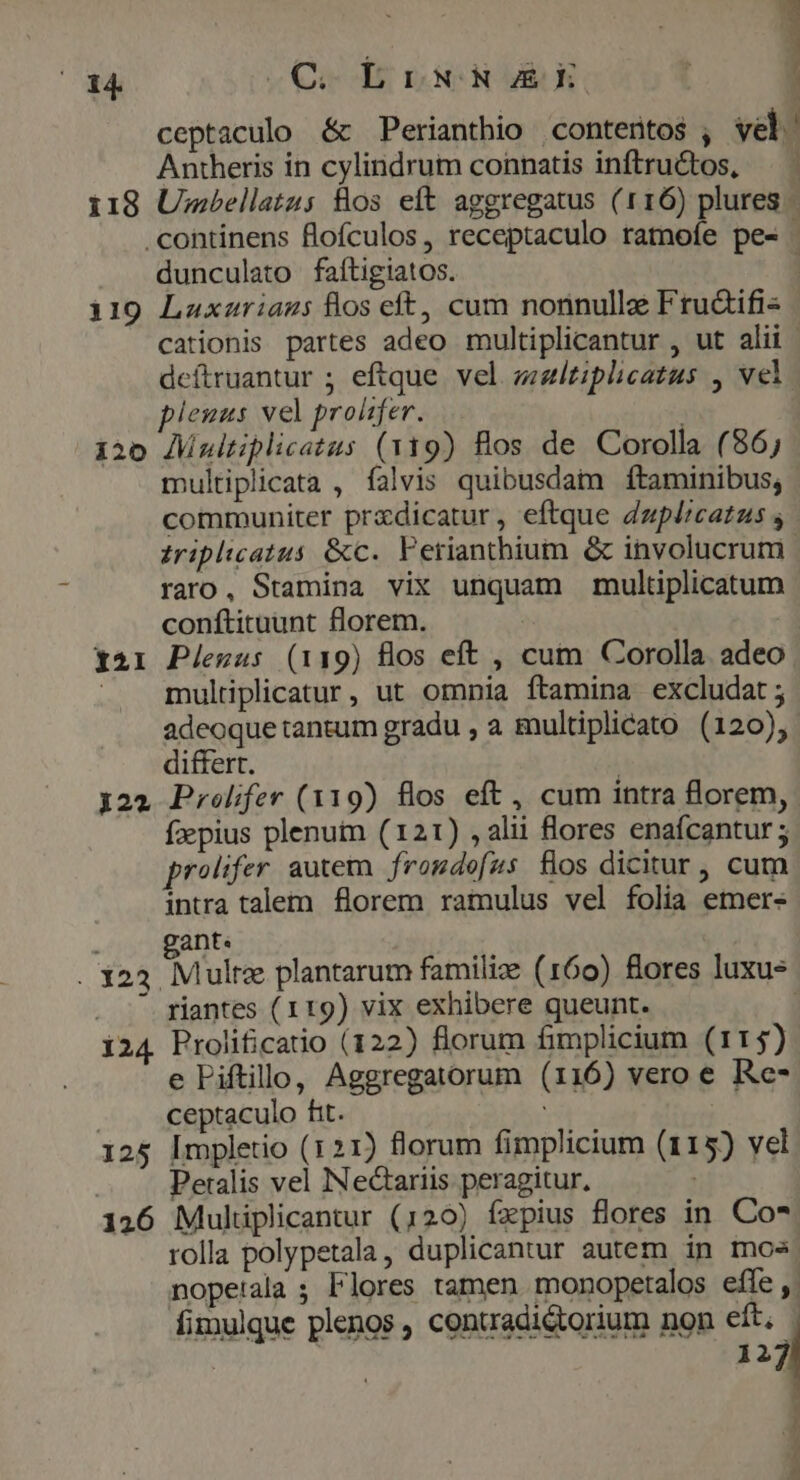 ceptaculo &amp; Perianthio contentos ; vel. Antheris in cylindrum connatis inftructos, ad - dunculato faítigiatos. cationis partes adeo multiplicantur , ut alii pleuus vel proifer. i2o JWmltiplicatus (119) Bos de Corolla (86; multiplicata , falvis quibusdam ftaminibus; communiter prxdicatur, eftque duplicatus , raro, Stamina vix unquam multiplicatum conftituunt florem. multiplicatur, ut omnia ftamina excludat; adeoque tantum gradu , a multiplicato (120), differt. fzpius plenum (121) alii flores enaícantur ; prolifer. autem froudefus flos dicitur, cum intra talem florem ramulus vel folia emer- . . gant | . 23. Mulrze plantarum familie (160) flores luxus  riantes (119) vix exhibere queunt. | i24 Prolificatio (122) florum fimplicium (115) e Fiftilo, Aggregatorum (116) vero e Re- ceptaculo fit. : 125 Impletio (121) florum fimplicium (115) vel | Peralis vel INe&amp;ariis peragitur, 126 Mulüplicantur (120) ízpius flores in Co* rolla polypetala, duplicantur autem in mos nope'ala ; Flores tamen monopetalos effe ,. fimulque plenos , contradiétorium non eft. | nj 1 ) 4 1 y
