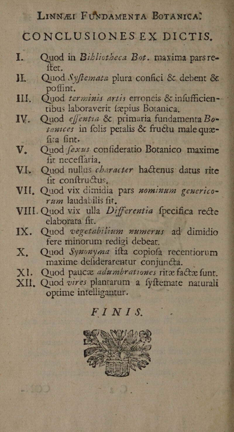 LixwNr FÜWpAMENTA BoTANICA, I. JL VI. Quod in B;Zliot?eca Bot. maxima parsree — ftet. : | 3 Quod SyfZemaza plura confici &amp;. debent &amp; . poflint. Quod terminis artis erroneis &amp; infufficien-- ^. tibus laboraverit fzepius Botanica, Quod e[Jeztia &amp;. primaria fundamenta Bo- zauices in folis petalis &amp; fruétu male quz- fiia fint. | 1 Quod :f2xzs. confideratio Botanico. maxime fic neceffaria, Quod nullus character. hactenus: datus rite fit conftru&amp;us,. . Quod vix dimidia pars zomizum geuerico- | ram laudabilis fit, E X elaborata fit. | Quod wegetabiiium mumerus ad' dimidio fere minorum redigi debeat, ' Quod S$yzozyma ifta copiofa recentiorum maxime defiderarentur conjuncta. . Quod paucae adambrationes ritze faCtze funt. optime intelligantur. FINIS