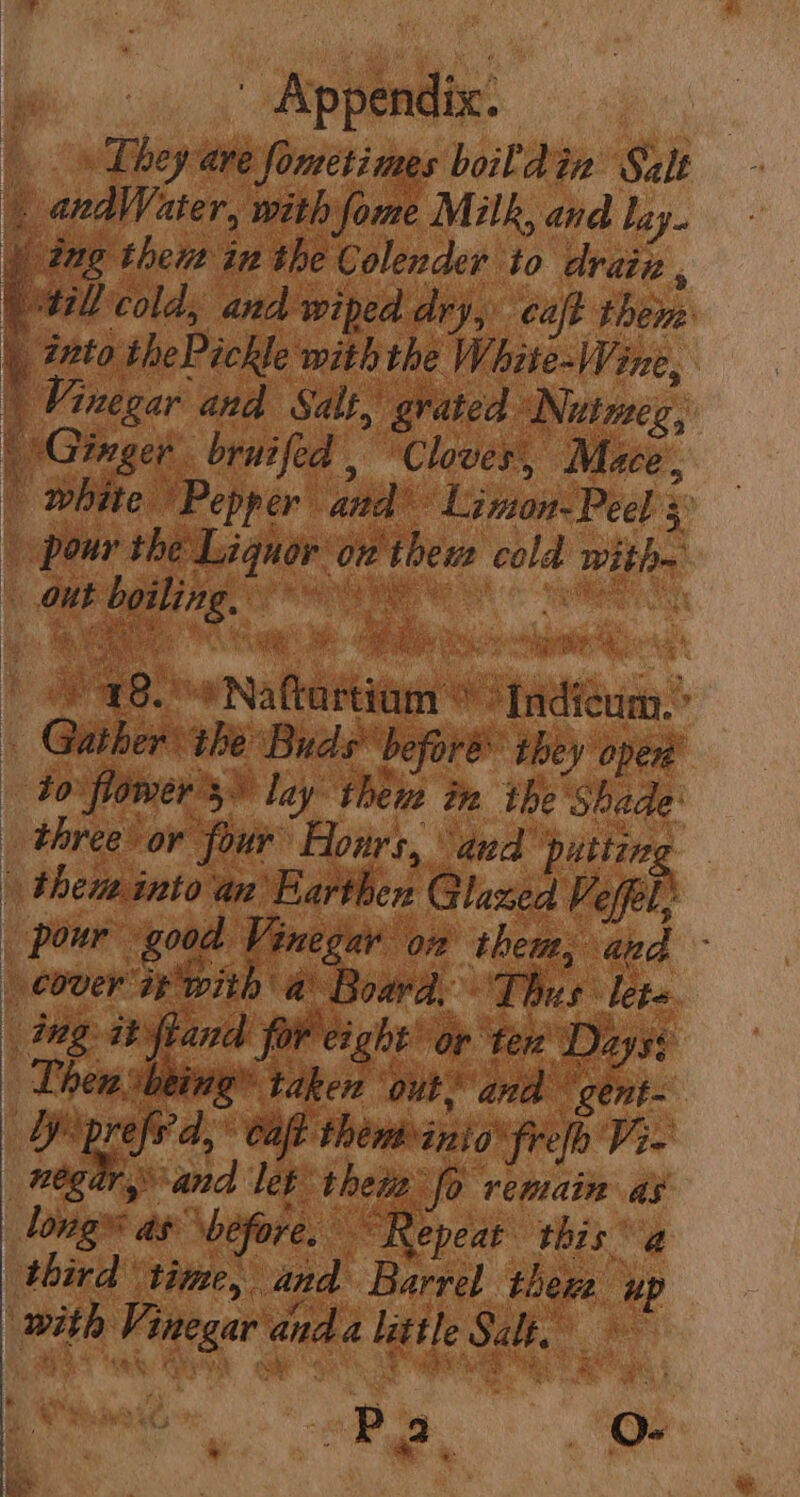|.» Dhey-are a fometimes boil din Salt and aber, with fome Milk, and lay. mg theut in the Colender to draiz , tl cold, and wiped dry, caf? them | into thePickle withthe White-Wine, Vinegar and Salt, grated. Nutmeg, Ginger brnifed , ‘Cloves, Mace, white ‘Pepper and og Limon-Peel s pour the] AqHOPG on then cole ithe oF aes. wits , “mea Sa Bee el haa ae * ‘ 18. wnatidibienst 8 OH Shibtticin’ - Gather the Buds® before they oper ‘to flowers lay them in the Shade: _ three or * four Flonirs, | “ded puttin is i i thens into an Earti en Glazed Vefel, Vinegar On them, aed pour hi is cover’ as si . ba Board. Thus lees ee ‘ and ten Diys: 2 being” wi beak ‘out, oe ‘gent- bref 4 eae thenbinia frefb Vie _ negar ys and leg thetia fe remain as bongs. as ‘before, “Repeat this a third time, and. Barrel ther up Kio Pinegar anda little Salt.” 
