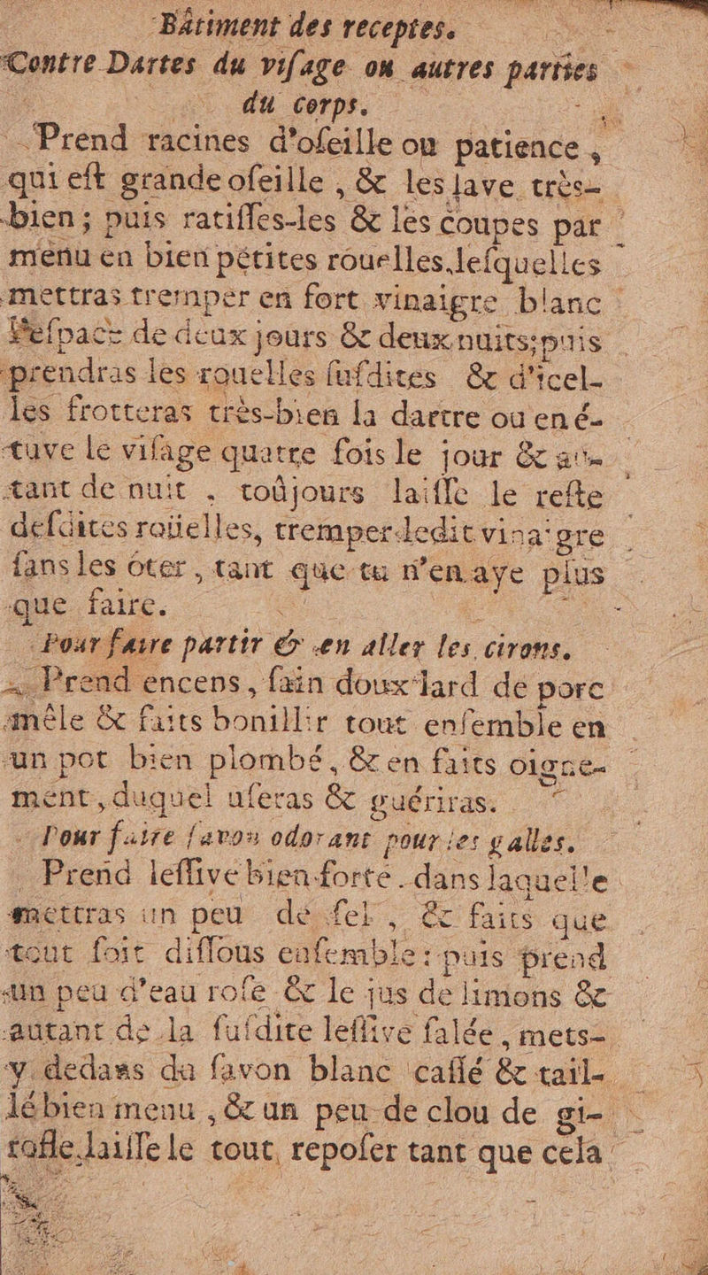 “Bâtiment des receptes. du corps. qui eft grande ofeille , &amp; les lave très Pefpace de deux jours &amp; deux nuits;puis prendras les rouelles fufdites &amp; d'icel- les frotteras très-bien la dartre où ené- tuve le vifage quatre fois le jour &amp; a tant de nuit , toûjours laiffe le refte defdites rañelles, tremper-ledit vina'gre fans les oter, tant que tu n’enaye plus «que faire. i. LI Pour faire partir &amp; «en aller les cirons. = Prend encens, fain doux‘lard de porc mêle &amp; faits bonillir tout enfemble en un pot bien plombé, &amp;en faits O1 RE ment, duquel uferas &amp; guériras. * . Dour faire favo» odorant pour jet g alles. | Prend leffive bien forte. dans laquel'e mettras in peu deste, # fair que tout foit diflous cofemble : puis prend sun peu d’eau rofe &amp; le jus de limons &amp;