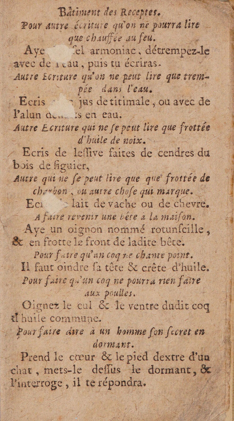 \ Pour autre écriture qu'on ne pourra lire E A que chauffée au feu. ai Aye “larmoniac, détrempez-le avec de 4icau, puis tu écriras- Poe : ANT Ecriture qu on ne peur lire que rer i SI pée dans l'eau. | eus © © jus detitimale, ou avec de | Valan ons. SENSI e. - Autre Ecriture qui ne fe peut dire que fran i d'huile de noix. - Ecris de leffive faites - Cendres du Cha de figuier, «Autre qui vie fe peut lire que que frotrée de chevèen, ou autre chofe qui Marques = dé, “Lo : lait de vache ou de chevre, «©. A faire revenir une bére a la maifon. 4 pa d un oignon nommé rotunfcille, ‘8 en frotte le front dé ladite bête: | __. Pourfaire gu'an coq re chance point. — Il faut oindre fa tére &amp; crête d’huile, | Pour faire quun cog ne pourra rien fare. à AUX poules. ; Oignez le cul &amp; Île ventre dadit coq poule commune. | 3 - | Pourfaire dire à un homme fon fever en dormant. | Prend le cœur &amp; le pied dextre d'un chat, mets-le deffus Le dormant, &amp; Vince crroge , il te sépondra» Eu | \ Sa a