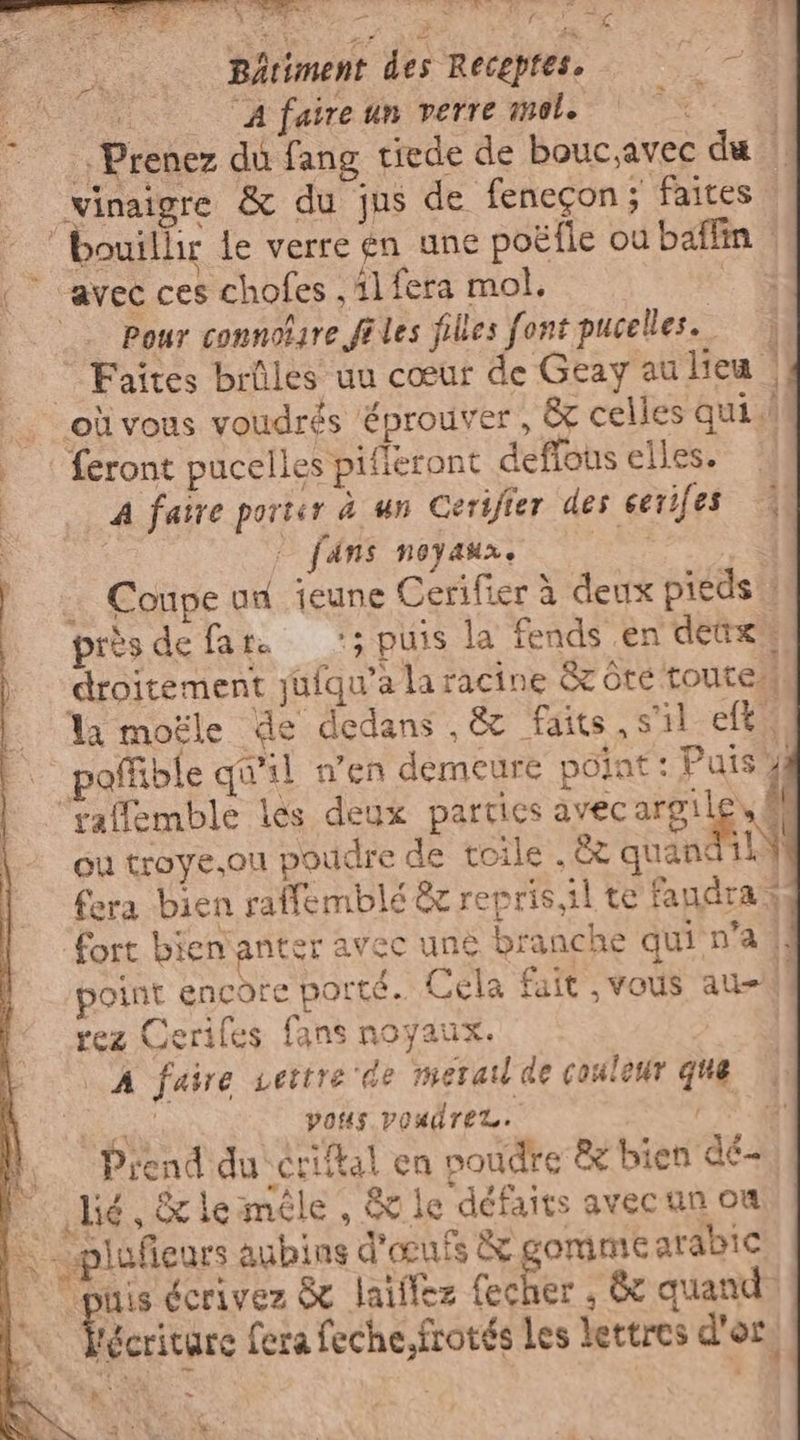 CA? ti ® ; TARDE gr È F4 Bâtiment des Recepfes. 74 i; ‘A faire un verre mol. | | Prenez du fang tiede de bouc,avec du | vinaigre &amp; du jus de feneçon ; faites bouillir Le verre en une poëfle où baffin | «avec ces chofes , il fera mol, - 3 |. Pour connofare files filles font pucelles. | © Faites brûles uu cœur de Geay au lieu 4 |. où vous voudrés éprouver, &amp; celles qui.! |: feront pucelles pifieront deffous elles. — |A faire porter à un Cerifier des cerifes 4 + fans noyaux. | … Coupe un jeune Cerifier à deux pieds ! près de fata‘; puis la fends en dex i ctroitement jufqu’àa la racine &amp; Ore toute. la moële de dedans , &amp; faits, s'il eft, | poffible qu'il n’en demeure point: Puis 4 “taffemble les deux parties avec agi ou troye.ou poudre de toile | &amp; quan i fera bien raffemblé &amp; repris il te faudra : fort bien anter avec une branche qui n'a {| point encore porté. Cela fait vous au rez Cerifes fans noyaux. | A faire settre de merail de couleur que PRO pos vouÜreL. | 3 M. Prend du crifkal en poudre &amp; bien dé- | lié, &amp;leméle, &amp; le défaits avec un où )plufieurs aubins d'œufs &amp; gomme arabic |‘ puisécrivez &amp; laiffez fecher , &amp; quand: &amp; écriture fera feche,frotés Les lettres d'or. »