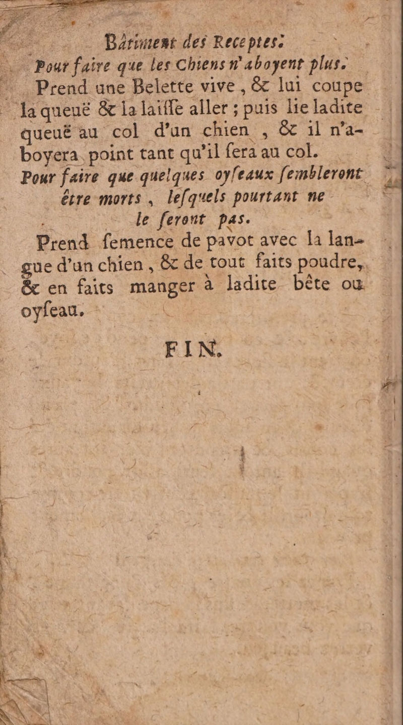 ga A 2-. À SA À sò = u.._ Barument des Receptes. i Pour faire que les Chiens n'aboyent plus. à Prend une Belette vive, &amp; lui coupe . - laquené &amp; lalaiffe aller ; puis lie ladite queuë au col d’un chien , &amp; il n'a- boyera. point tant qu'il fera au col. . — _ Pour faire que quelques oyfeaux fembleront © étre morts, lefquels pourtant ne © © c: le feront pas. Prend femence de pavot avec la lane gue d’un chien, &amp; de tout faits poudre,, &amp; en faits manger à ladite bête où oyfeau. FIN. nr: ai | VV He ses ce LS sas ARTE JE ire OT | da 4 ms x Si - 4 iI