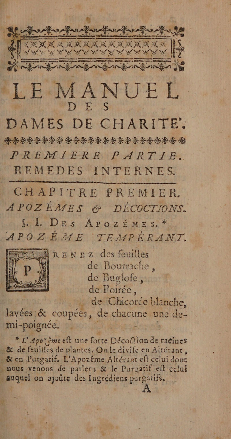 PETTITUTTTTUTES LXKX AR CR AC KE AK PR fe Ge M Ne ur inter te reg ER me ÎLE MANUE L D E S | DAMES DE CHARITE’ ee EEE Re ee Eee fe TOR 1 PREMIERE PARTIE. REMEDES INTERNES. CHAPITRE PREMIER. APOZÉMES &amp; DÉCOCTIONS. SE Des APozÉmMeEs.* ÉAROPAÔLE (TEMPÉRANT. £2z des feuilles de Bourrache, de Buglofe, de Poirée ; de Chicorée blanche, lavées &amp; coupéés, de chacune une de- mi-poignée. ù . * L’Apozèmeelt une fout Décodion de racines doc: de feuilles de plantes. One divife en Altérant, -&amp;en Purgarif. L'Apozéme Alrérazt eft celui door » nous -venons de parler: &amp; le Puroatif eft celui - august on ajoûte des Ingrédiens purgatifs, m y