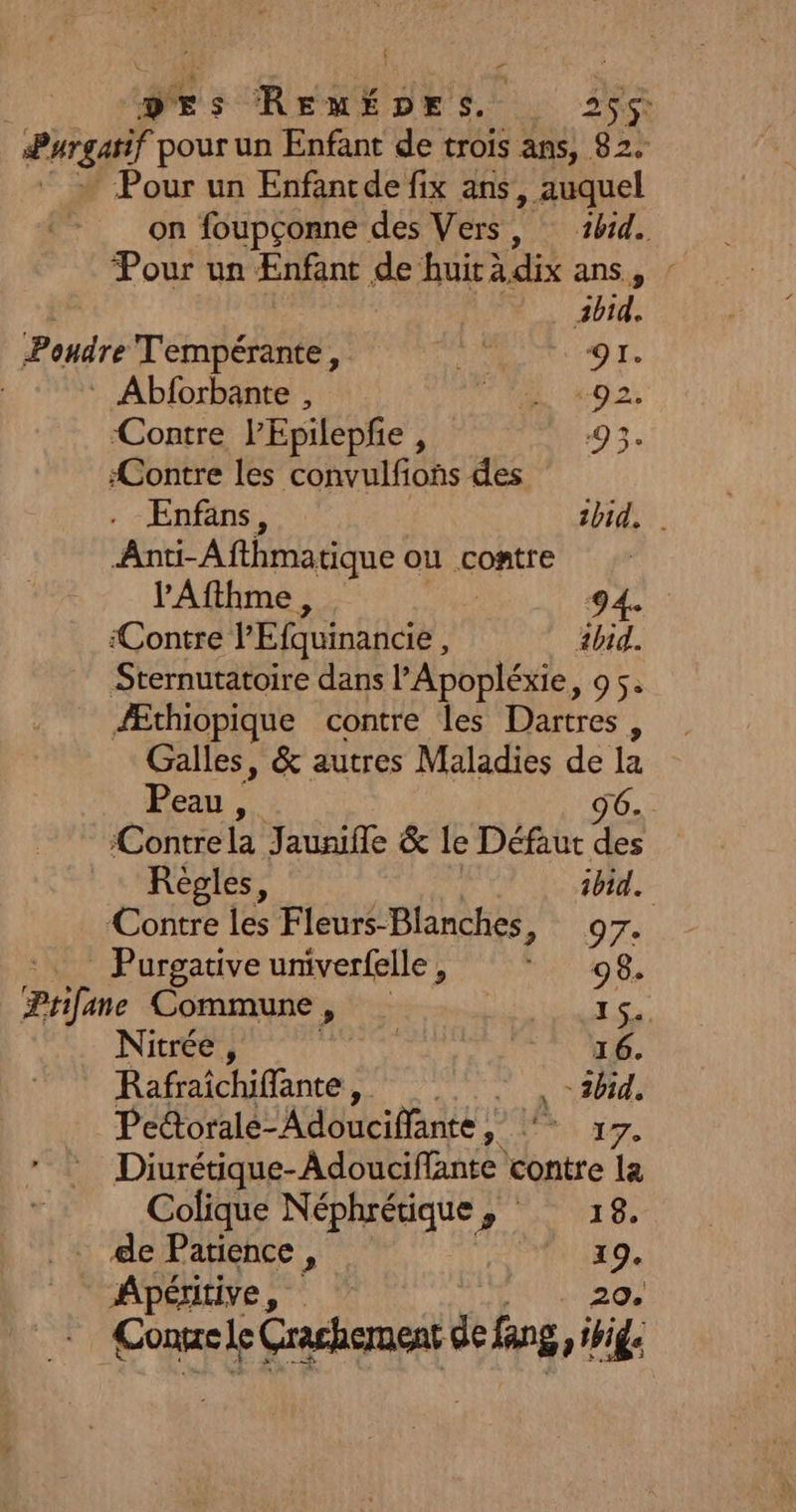 DES Re DE sr. Er Phrgasif pour un Enfant de trois ans, 82. Pour un Enfantde fix ans, auquel on foupçonne des Vers, bd. Pour un Enfant de Huit à dix ans. / abid. Poudre Tempérante, ja QI. : Abforbante , ML 02: Contre lEpilepfe , 193: Contre les convulfions des . Enfans, ibid. | Anti-Afthmati tique où contre PAfthme, | 94. “Contre l'Efquinancie, hd. Sternutatoire dans l’Apopléxie, 95. Æthiopique contre les Dartres, Galles, & autres Maladies de hi Peau, 96. Contre la Jaunifle & Le Défaut des Règles, ibid. Contre les Fleurs-Blanches PANOZ _ Purgative univerfelle, 08, Prifane Commune, M ULiT Nitrée , TOY 16. Rafraichiffante, av à NAMIOS Pedorale- Adoucifante | A nil LA Diurétique-Adouciflante contre le Colique Néphrétique , 18, de Patience , fait LA Apéritive, CT Conne Le Crachement de fang x 1bide