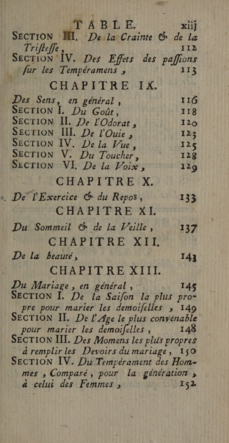 TABLE. xii] SECTION Mr. Deila: Crainte &amp; de la Trifeffe  112 SECTION ‘IV. Des Effes des paflions 113 fur les Tempéramens ; CHAPITRE IX. Des Sens, en général , 116 SECTION IL. Du Goit, 118 SECTION, II. De l'Odorat , 120 SECTION IIL De l'Ouie , 123 SECTION IV. De la Vue, 125 SECTION V. Du Toucher, 128 SECTION VI. De la Voix, 129 CHAPITRE X. … De l'Exercice &amp; du Repos, 133 CHAPITRE XI. Du Sommeil € de La Veille, 137 CHAPITRE XII. De la beaure, 143 CHAPITRE XIII. Du Mariage , en général , — 14$ SECTION I. De Ia Saifon La plus pro“ pre pour marier les demoifelles ; 149 SECTION II. De L'Age le plus convenable pour marier les demoïifelles , 14 SECTION II. Des Momens les plus propres a remplir les Devoirs du mariage, 150 SECTION IV. Du Tempérament des Hom- mes ,; Compare, pour la génération , a celui des Femmes , FANS