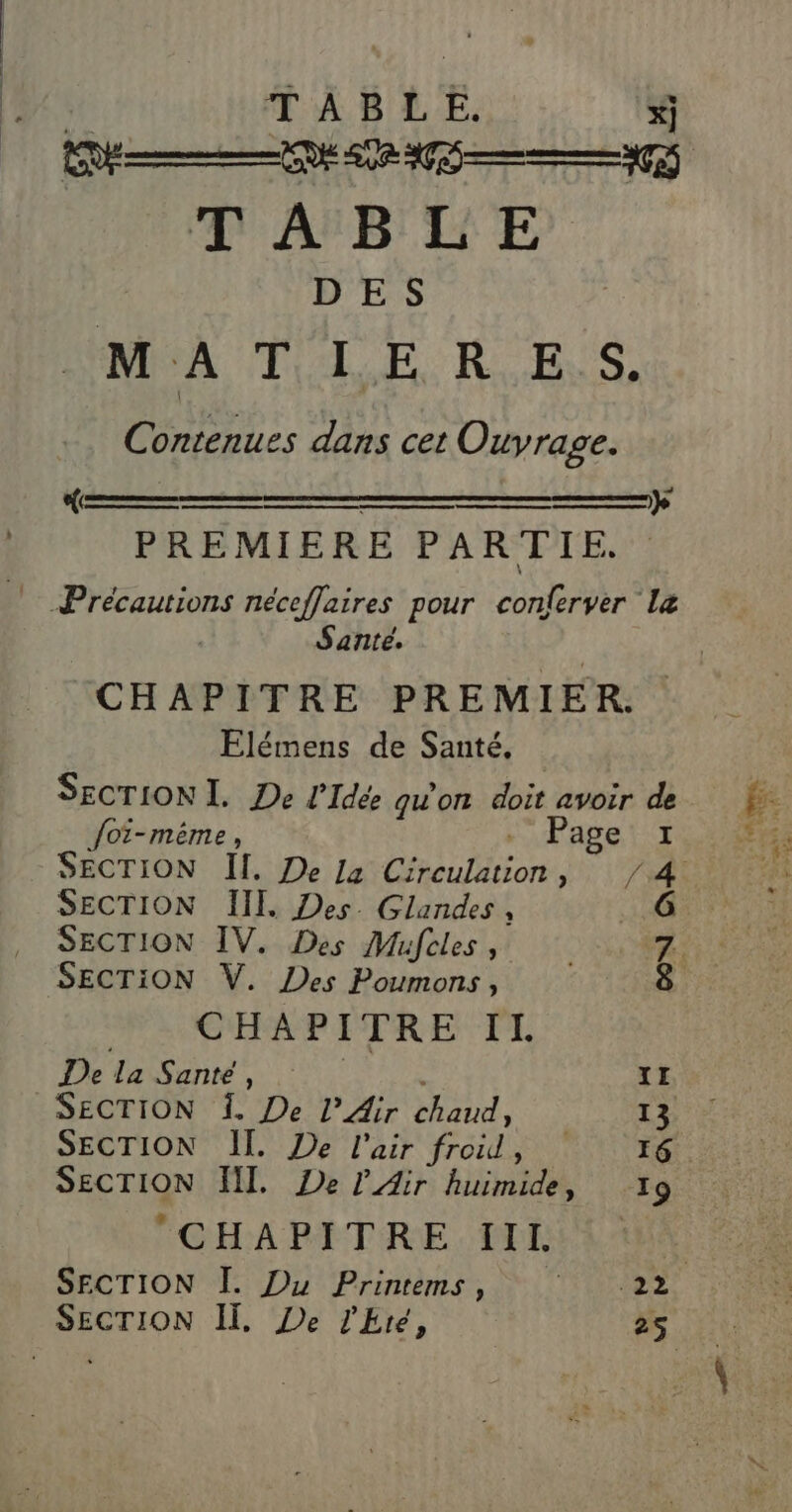 TABLE ; D ES MA TILE. RES, Contenues dans cet Ouvrage. er PREMIERE PARTIE. Sante. CHAPITRE PREMIER. Elémens de Santé. | SECTION I. De l’'Idée qu'on doit avoir de {ot-même, . lFage SECTION II. De Ja Circulation, / SECTION IV. Des Mufcles , SECTION V. Des Poumons, CHAPITRE IL De la V1) PONDRRTE II SECTION Î. De L’Air chaud, 13 SECTION I. De l'Air huimide, 1:19 CHA BPETR:E. CE: 12 La