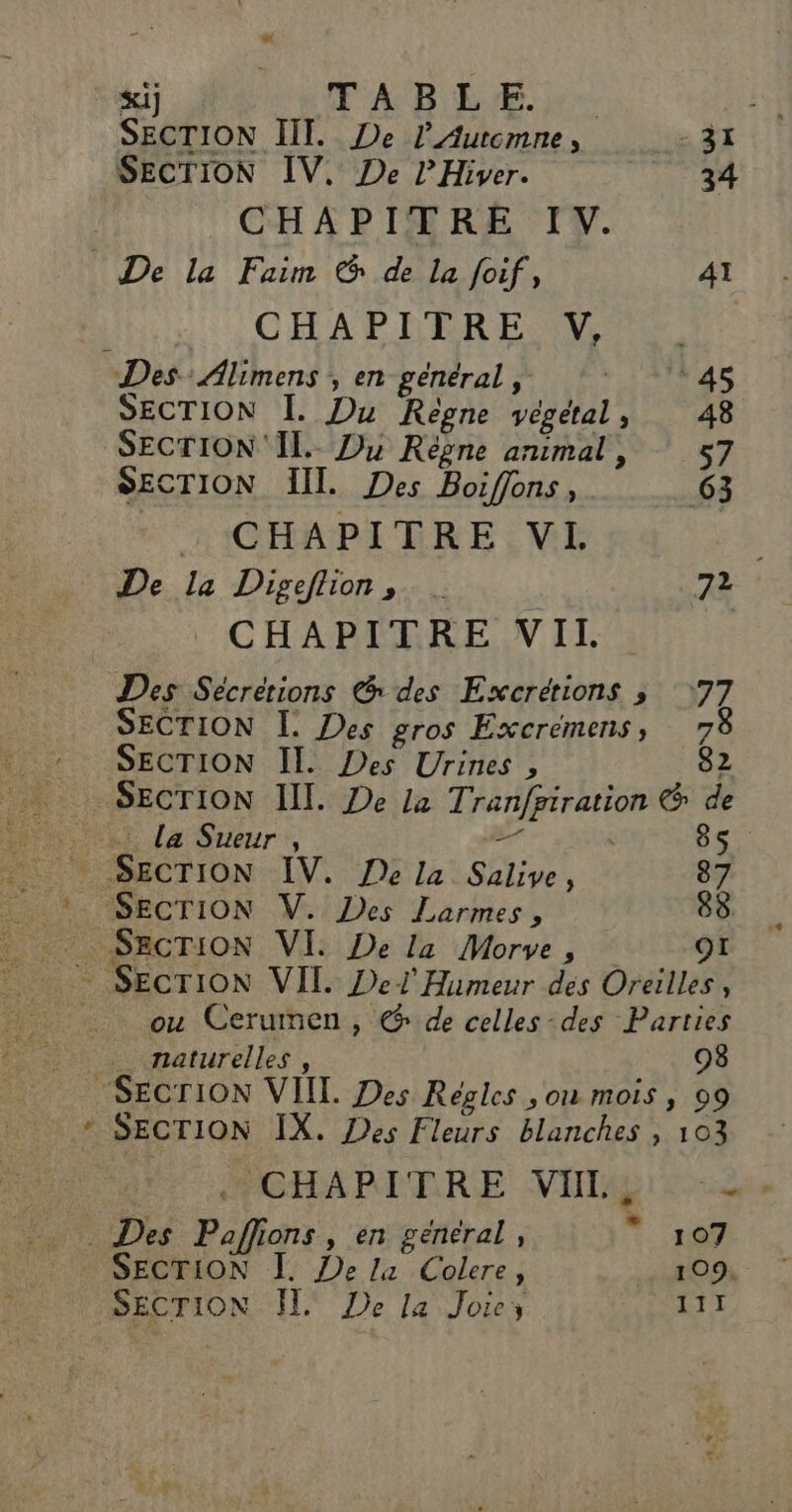 “) MU TABLE SECTION III. De l'Autemne, + SA SECTION IV. De l’Hiver. 34 | CHAPINRE TY. _ De la Faim @ de La foif, A1 CHA PIERRE NE “Des Alimens , en général , +'IAINAS SECTION I. Du Regne vegetal, 48 SECTION Il. Du Règne animal , 57 SECTION IL. Des Boiffons, 068 TICHAPIPRE VE De la Digeflion, . 72 CHAPITRE VIL Des Sécrétions des Excrétions ; 77 SECTION I. Des gros Excremens, 78 SECTION Il. Des Urines , 82 SECTION III. De La Tranfpiration &amp; de HN ext La Sueur:, ei 85. SECTION IV. De la Salive, 87 _*. SECTION V. Des Larmes, 88 SECTION VI. De la Morve, OI ou Cerumen , @ de celles-des Parties . naturelles, 98 “SECTION VIIL Des Réoles , on mois , 09 * SECTION IX. Des Fleurs blanches , 103 . CHAPITRE VIT Eee = Des Paffions, en général, * 107 SECTION [. De la Colere, 109,