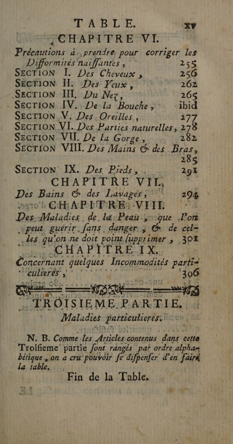 “CHAPITRE VL Précautions à prendre pour corriger les Difformites naiffantes d Fay 255 SECTION I. Des Cheveux , 256 SECTION I. Des Feux, 262 SECTION HI Du Nez, 265 SECTION IV. De la ASE ns SECTION VV. Des, Oreilles, SECTION VI. Des Parties naturelles, SECTION VIT. De !2 Gorge, 1 SECTION VIIL Des no ÈT des Bras, 285 SECTION IX. Des Pieds, , 294 CHAPITRE VII, | Des Bains &amp; des Lavages, 294 210) CHAPITRE: VIIL : Des. Maladies . de la, Peau ; que Por .- peut guérir. fans. danger. ; @ de cel- .des qu: on ne doit point luppri imer , APE RARE À PYLRES Se Concernant quelques Incommodités partis ‘culierés \ Aa ‘306 arr? CE —— a ei) TROISIÈME. PARTIE, Maladies perde N. B. Comme. ps te contenus dans certe Troifieme partie Jont. rangés. par ordre alphas bétique , on a cru pouvoir fe difpenfer d'en fairà da table, Fin de la Table.