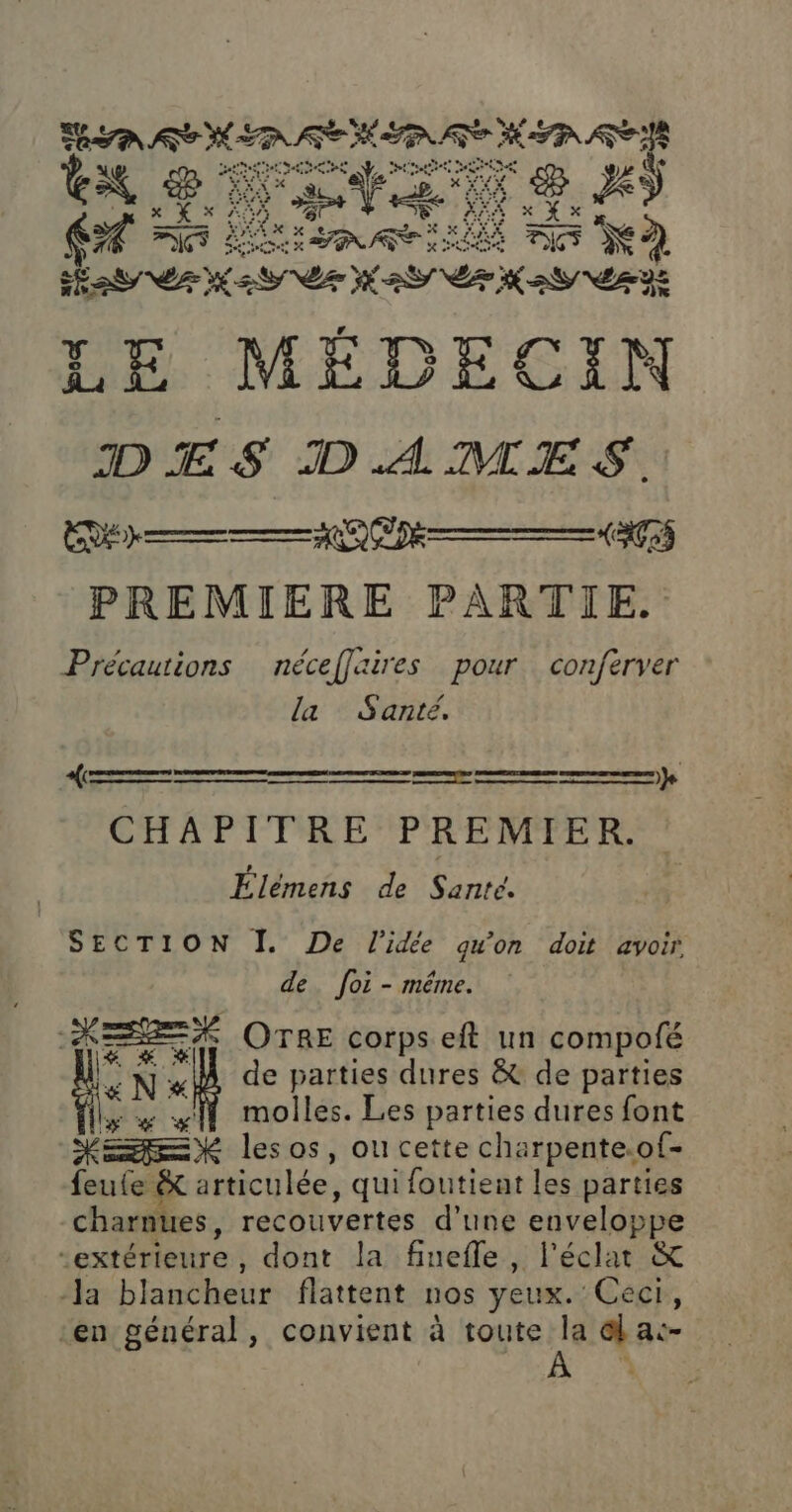 LA ATX E4 B RON IS ENS SR LA TS ED LE MÉDECIN DES DAMES DE RNA PREMIERE PARTIE. Précautions néceffaires pour conferver la Santé. Fes rene me rene ee meer ns ee nn ne 2 0 J CHAPITRE PREMIER. Élémens de Santé. SECTION I. De l'idée qu'on doit avoir: de. foi - méme. KE OÔTRE corps eft un compofé % N 1: de parties dures &amp; de parties y 4 molles. Les parties dures font VE X les os, ou cette charpente.of- feute &amp;x articulée, qui foutient les parties charnues, recouvertes d’une enveloppe extérieure, dont la fiuefle, l'éclat &amp; la blancheur flattent nos yeux. Ceci, “en général, convient à toute la @l a:-