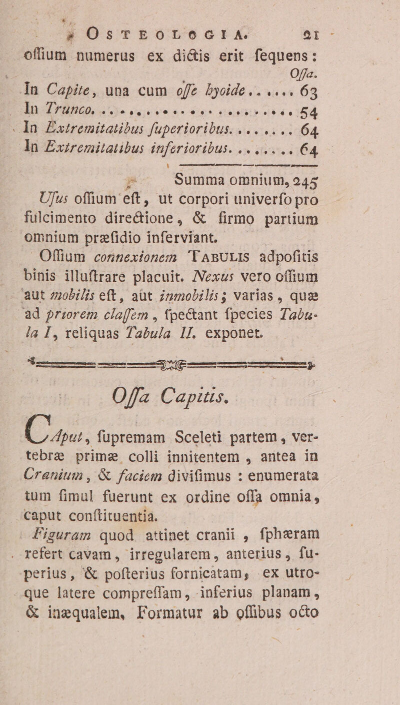 ofium numerus ex dictis erit fequens: i Offa. In Capite, una cum offe byoide .. .... 63 in AUOD ege ruit tn orit sd - In Éatremitatibus fuperioribus. «.. .. .. 64, An Exiremitatibus inferioribus. .. ..... 64 ;. . Summa omnium, 245 UJus ofüum. eft, ut corpori univerfo pro fulcimento directione, &amp; firmo partium omnium przfidio inferviant. — — Offium connexionem 'VABULIS adpofitis binis illuftrare placuit. Nexus vero oífium - aut zzobi/is eft, aüt inmobilis; varias , quae ad priorem cla[fem , fpe&amp;ant fpecies Ta£u- la I, reliquas Tabula 1J. exponet. — | DEragreemuee Ofa Capitis. Los. füpremam Sceleti partem , ver- tebre prime colli innitentem , antea in Cranium , &amp; faciem divifimus : enumerata tum fimul fuerunt ex ordine offa omnia, caput conítituentia. Fisuram quod attinet cranii , fpheram . refert cavam, irregularem, anterius ,. fu- perius, '&amp; pofterius fornicatam, ex utro- que latere compreffam, inferius planam, &amp; inequalem, Formatur ab offibus octo