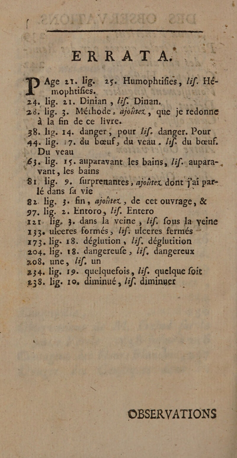 ‘ f d # &gt; : k Ê 4 i 4 . 5 + Ê 5 : - CAR A DURASS MD Age 21. lig. 25. Humophtifies, Zf. Hé- mophtifies. “it: à 24, lig. 21. Dinian , /f. Dinan, 1“) 28. lig. 3. Méthode, ajotex , que je redonne à la fin dece livre. Le 38, hig. 14. danger, pour Zif. danger. Pour 44. lig. 17. du bœuf, du veau. Zif. du bœuf, + Du veau … , - 63. lg. 15. auparavant les bains, /if.- aupara-, “ vant, les bains TRY Ce | ‘81. lig. 9. furprenantes, sjoÿrex dont j'ai pat- lé dans fa vie net à 82. lig. 3. fin, ajoitex , de cet ouvrage, &amp; 97. lig. 2. Entoro, /f. Entero | I2t- lig, 3, dans la veine , li. fous la- veine 133. ulceres formés, /f: ulceres fermés — 173. lig. 18. déglution, /;f. déglutition 204. lig. 18. dangereufe , lif, dangereux 208, une, /f, un | 234. lig. 19. quelquefois, Zf. quelque foit 238. lig. 10. diminué, /3f. diminyer .' OBSERVATIONS