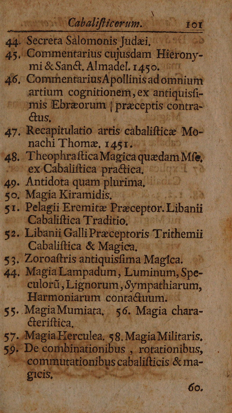 | mi ce Sand, Almadel Ba 5111 46. CommentariusApollinis adomn nium artium cognitionem, ex antic uisſi- f mis Ebræorun præceptis contra- | cis | USE) 47. Recapitulatio at artis cabaliftie * Mo- nachi Thom, 1451. Aka cn 48. Theophraſtica Magica q e gie ex Cabaliſtica practica. en d 0 49. Antidota quam plurim ma. 1 ade 7 13 50. Magia rams! ‚8,1 51. 1. Pe elagii Eremitæ Preceptor. Libanii e e Ne en 2. Libanii All Ptekeptoris Triltiemü Se I ar in nf . | 55. Magia ae us Auen chara-